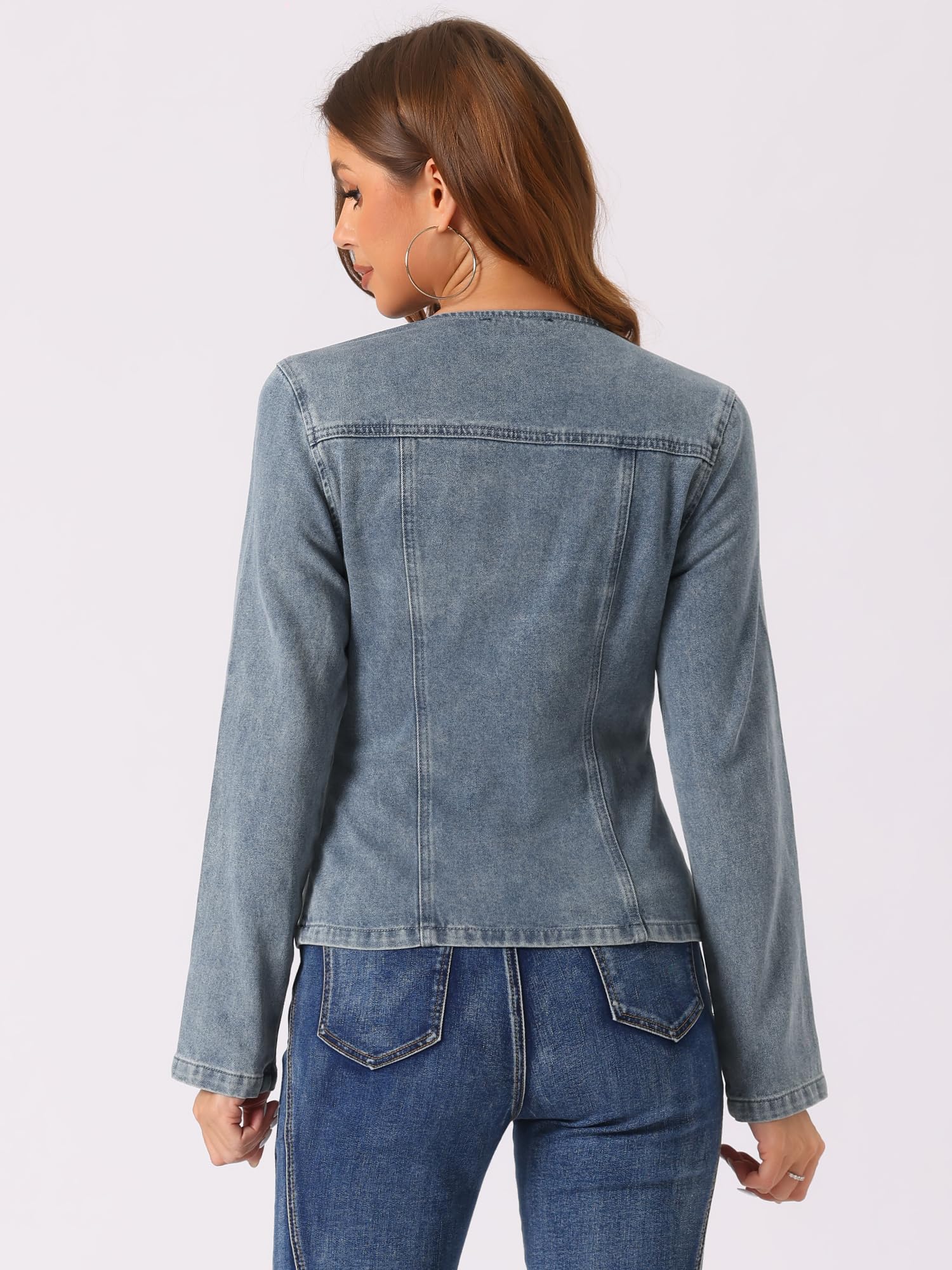 Allegra K Giacca in Jeans Elasticizzata da Donna con Colletto a Revers un Bottone Manica Lunga Casual Leggera da Lavoro