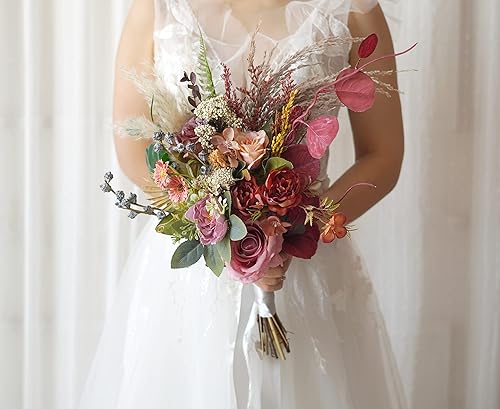 Ramo de boda bohemio rojo burdeos, ramo de hierba de las pampas, flores secas, ramo de novianovia, decoración del hogar de 12 pulgadas (R04)