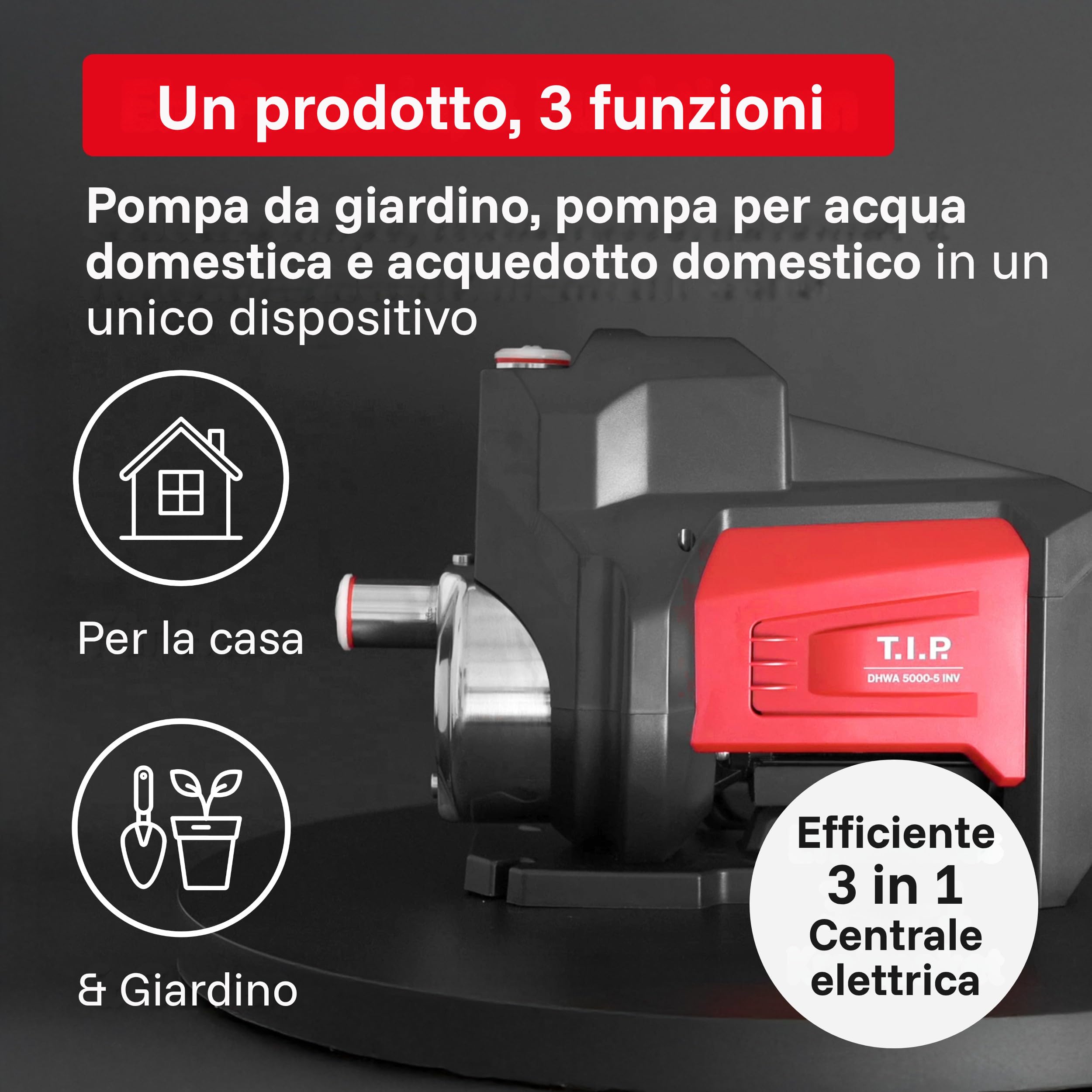 Pompa a inverter T.I.P. DHWA 5000-5 INV - Pompa da giardino ad alte prestazioni ed efficienza energetica, impianto idrico domestico automatico tutto in uno, 5000 l/h, 4,8 bar, 550 W, silenziosa, 31113