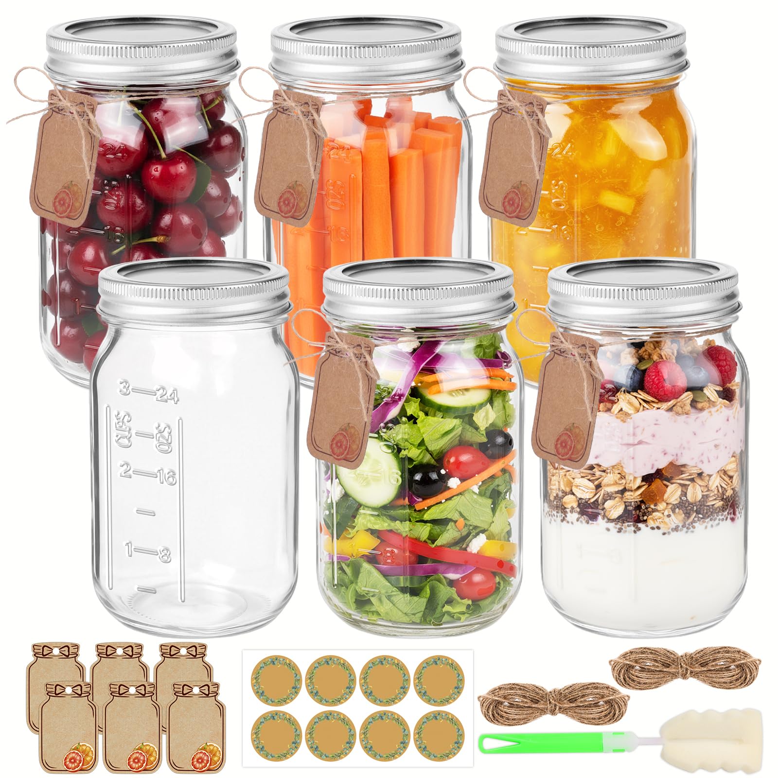 Wide Mouth Graduated Canning Jars,6-Pack 32 oz Glass Mason Jars with Silver Lids & Bands. Perfect for Overnight Oats, Homemade Jam, Pickling, Fermenting,and DIY Candle Holder Crafts (1000 mL)