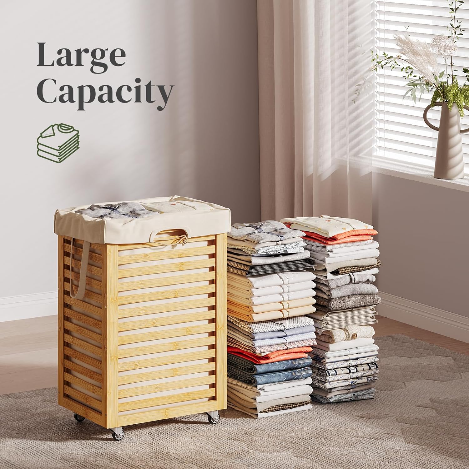 Laundry Hamper with Wheels, Laundry Basket with Liner, 85L Large bamboo wood Laundry Clothes Laundry Hamper, Liner with Handles, Dirty Clothes Storage Cart For Laundry Room, Dorm, Bedroom(Natural)