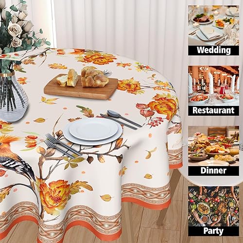 Miniatura 5 de Mantel redondo de otoño de 60 pulgadas para exteriores, mantel de flores amarillas y pájaros, mantel lavable de cosecha de Acción de Gracias,