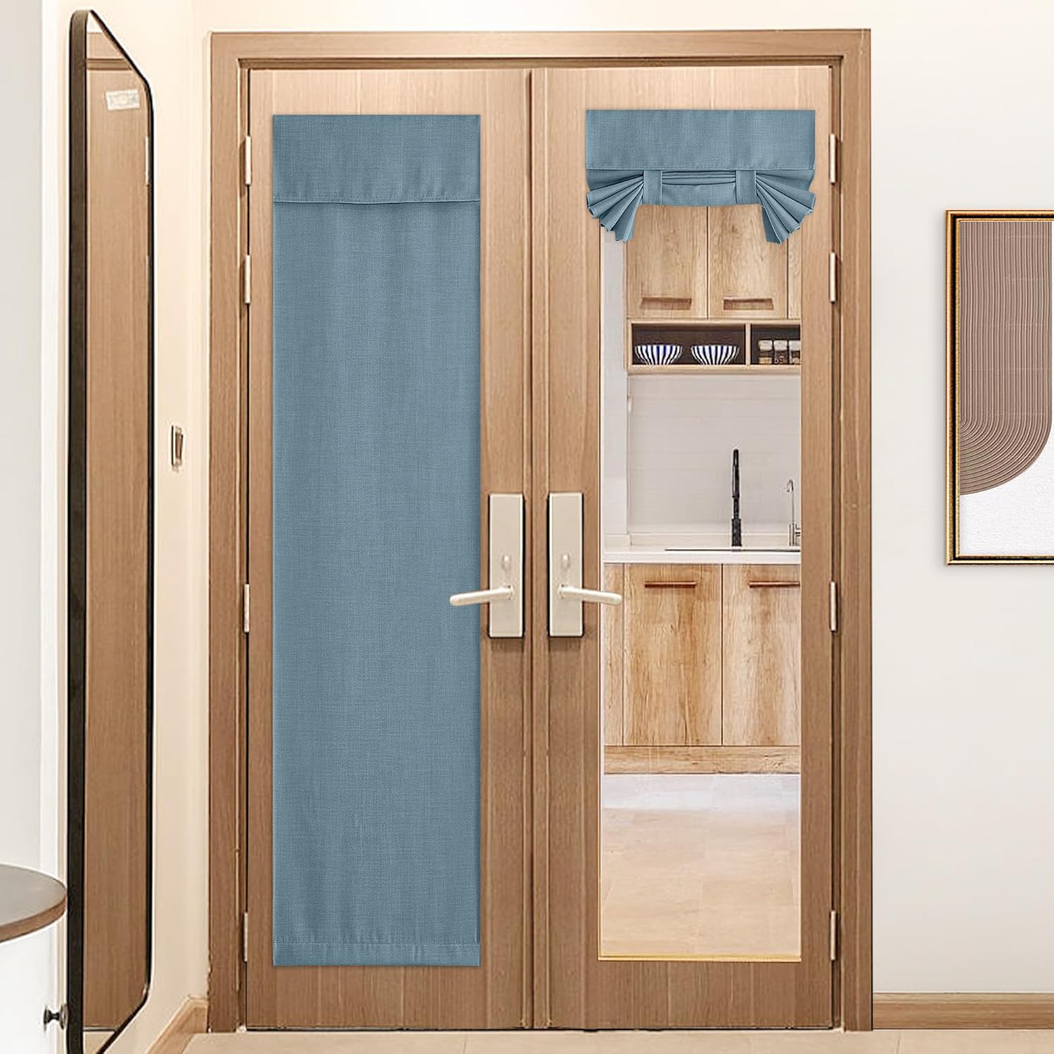 NICETOWN Faux Linen Curtain for French Door - Blackout Self Adhesive Window Curtain Thermal Insulated Privacy Blinds for Sidelight Energy Efficient, 26 x 80 inch Long, Mist Blue, 1 PC