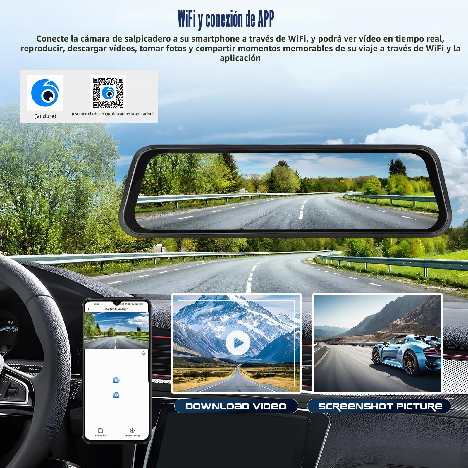 CAMECHO Mirror Dash CAM Pantalla de 9.66 Pulgadas 2K, Dashcam con Tres Cámaras: Frontal/Interior/Trasera -WiFi grabación en Bucle/Sensor de Gravedad/Asistencia al estacionamiento