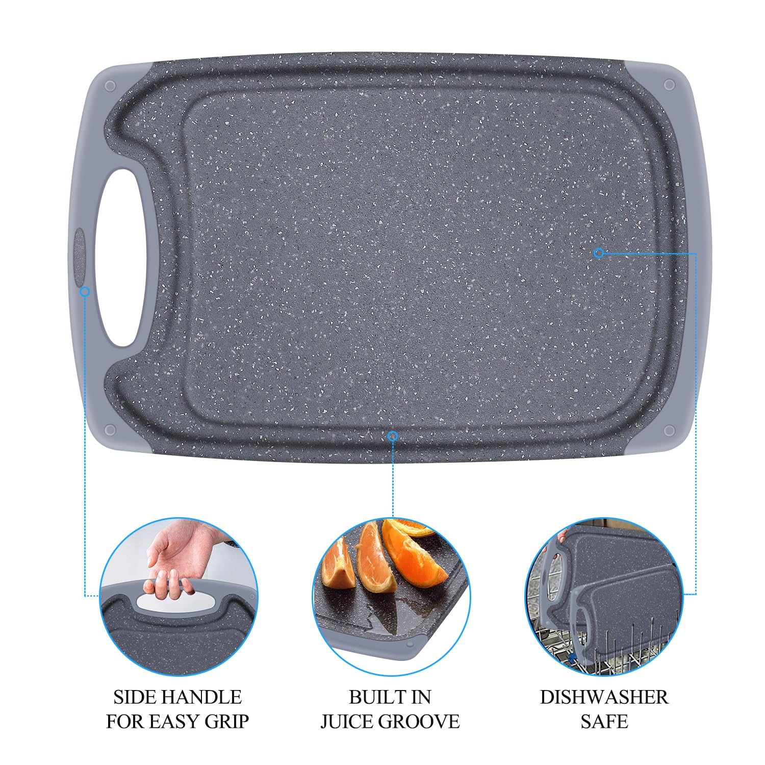SHURFFY Grey 3pc Plastic Cutting Board Set (39.5x23.7cm, 31.4x19.8cm, 24.3x14.5cm), Non-Slip, Deep Drip Juice Groove - Image 3