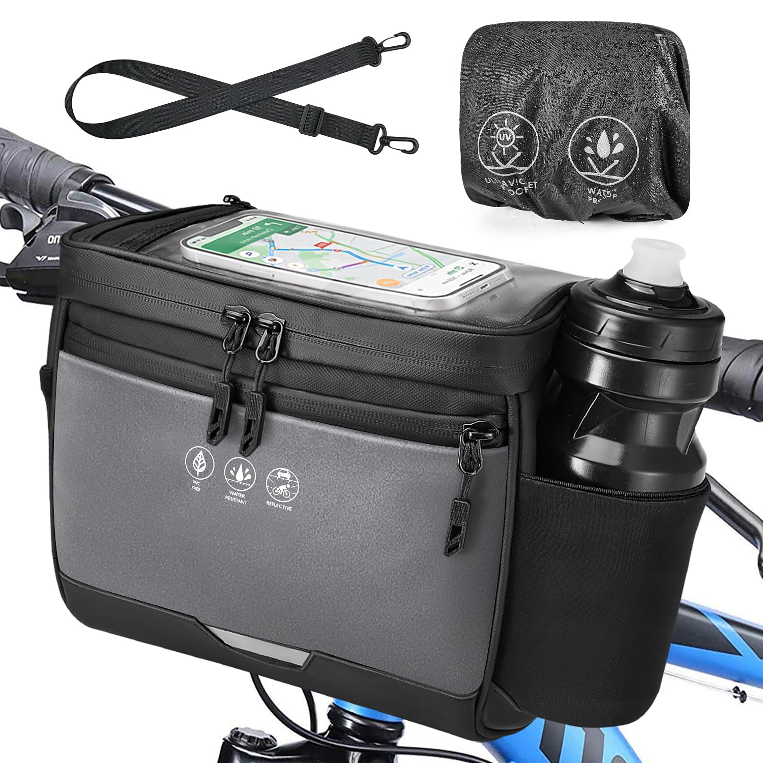 WOTOW Sac de Guidon de Vélo - Panier Avant de vélo de 3,5 L, résistant à l'eau et isolé, avec Housse de Pluie, Poches et bandoulière, Pochette de Rangement réfléchissante pour vélo de Route et VTT