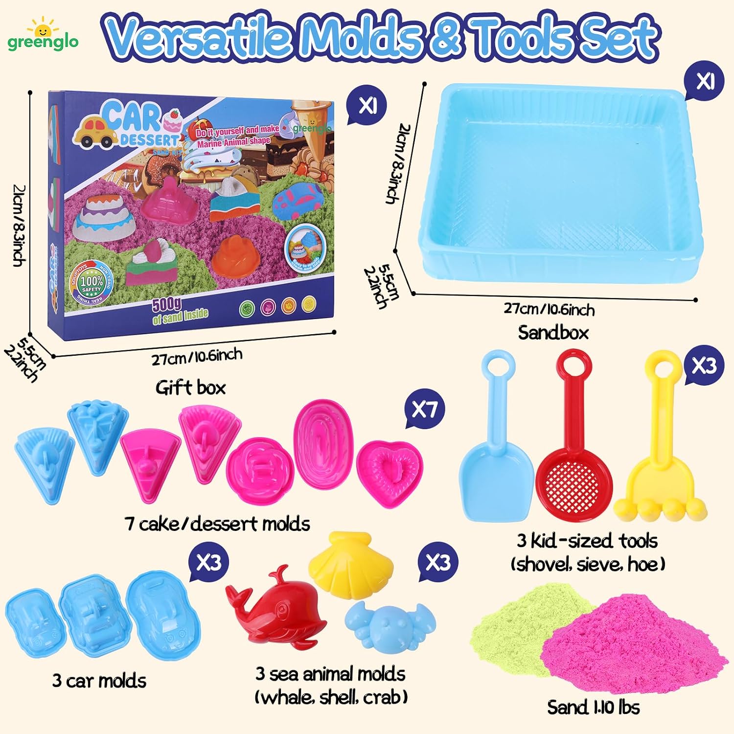 greenglo Kids Sensory Magic Sand Playset - 1.10 Lbs Color Sand Kit, 16 Pcs Molds (Cake/Dessert, car, sea Animal) & Tools, Ideal Sensory Bin for Boys & Girls Ages 3-8