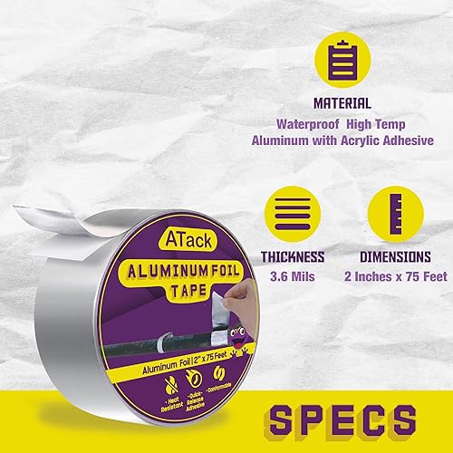 Miniatura 2 de ATack Cinta adhesiva reflectante de papel de aluminio, 2 pulgadas x 75 pies, 3.6 mil, cinta HVAC de aluminio de alta temperatura y resistente para