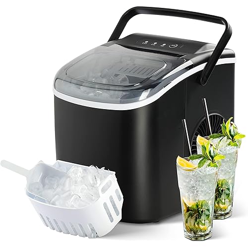 YSSOA Portable Ice Maker for Countertop, 9 Ice Cubes Ready in 6 Mins, 26lbs Ice/24Hrs, with Self-Cleaning Feature, Ice Spoon and Basket, for Home Kitchen Office Camper RV, Black