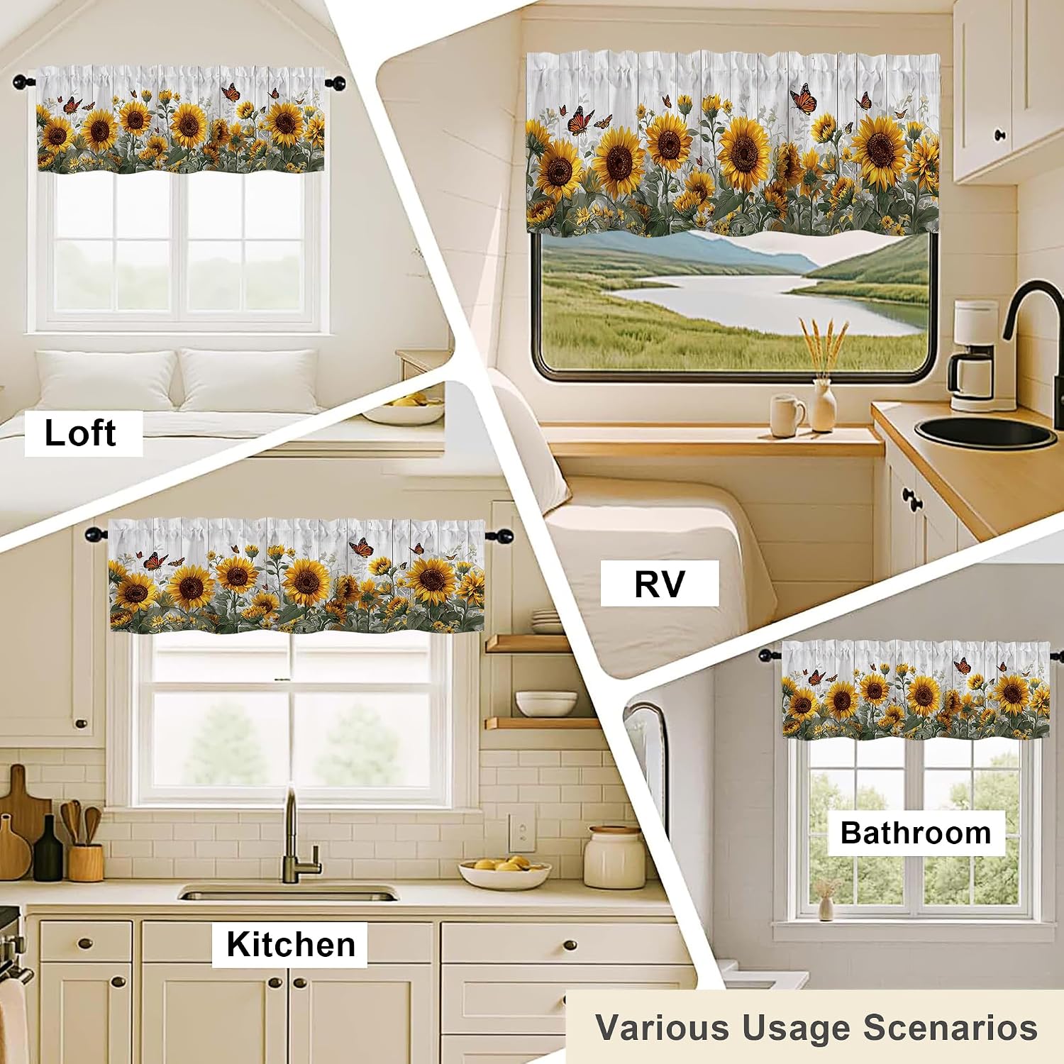 Sunflower Valance Curtains,Rod Pocket Small Valance Window Treatment for Kitchen,Bedroom Living Room,Bathroom,Office,RV Bunk,Home Decor,Rustic Butterfly Floral Farmhouse,18x54 in,1 Panel