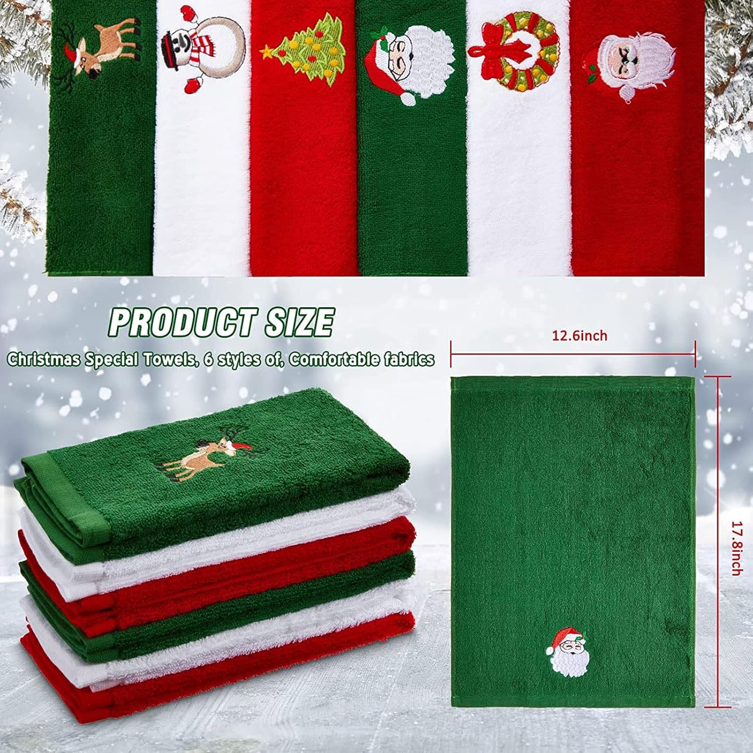 Tatuo 6 Pieces Christmas Bathroom Towel Santa Reindeer Snowman Cotton Decorative Hand Towels Fabric Christmas Cotton Embroidered Hand Towels for Kitchen Bathroom Home Cleaning (Classic Style) - Image 2