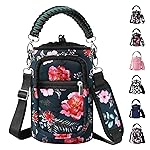 AceTreker 64/128 oz Water Bottle Sleeve with 2 Pockets, Paracord Handle, Neoprene Half/One Gallon Metal Water Flask Holder Pouch with Adjustable Strap for Walking, Hiking, Camping-Wild Rose