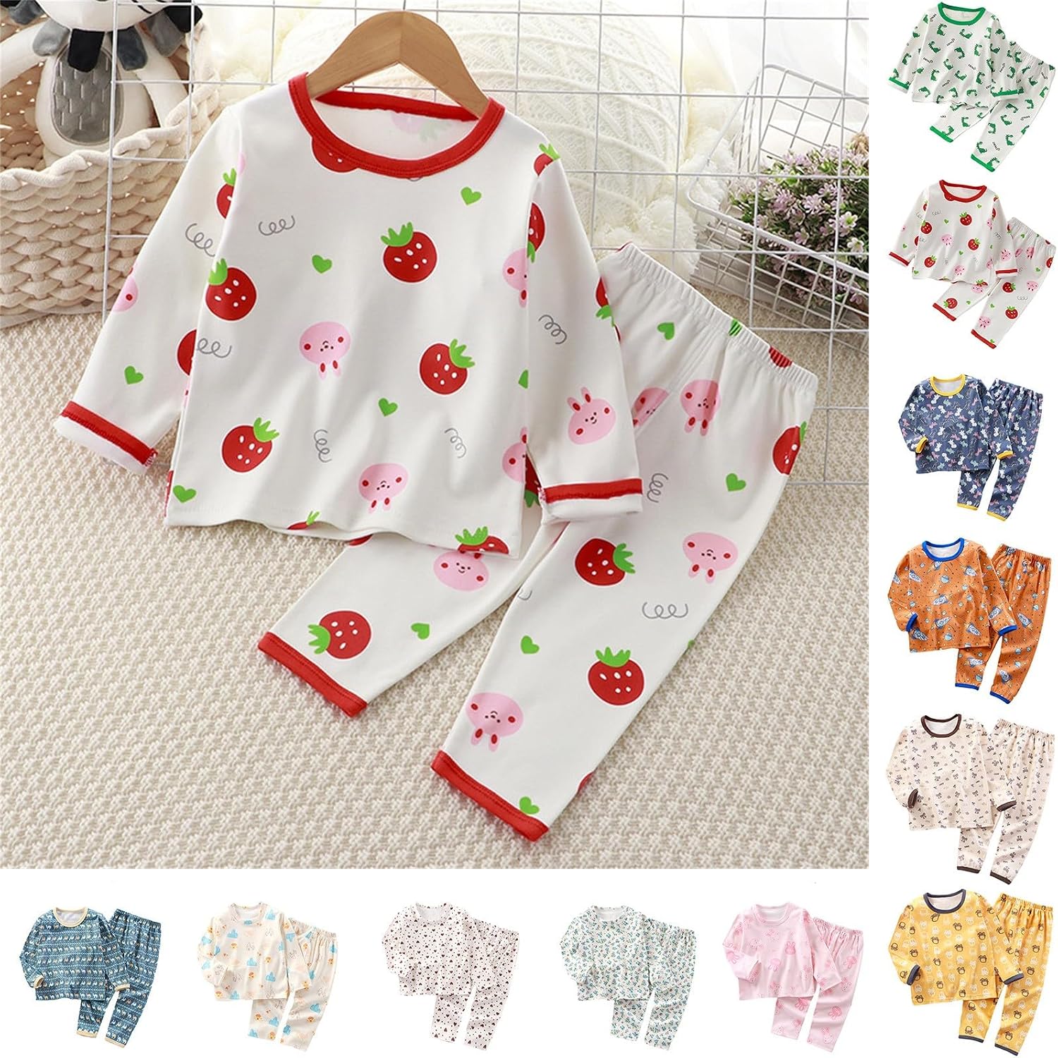Kids Boys Girls Cotton 𝐏a𝐣ama Set Long Sleeve 𝐏ajamas Strawberry Pattern Sl𝐞epwear Cute Cartoon Loung𝐞wear 𝐏𝗝s