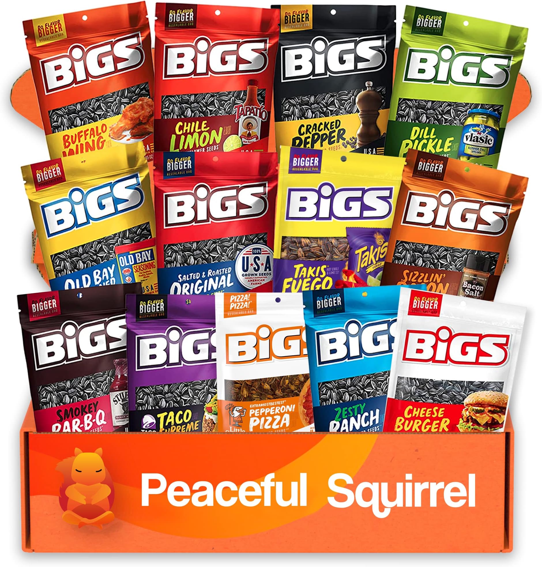 BIGS Sunflower Seeds Variety Pack Sampler of 13, Keto Friendly, On-The-Go Snack, 5.35 Ounce - Packaged by Peaceful Squirrel