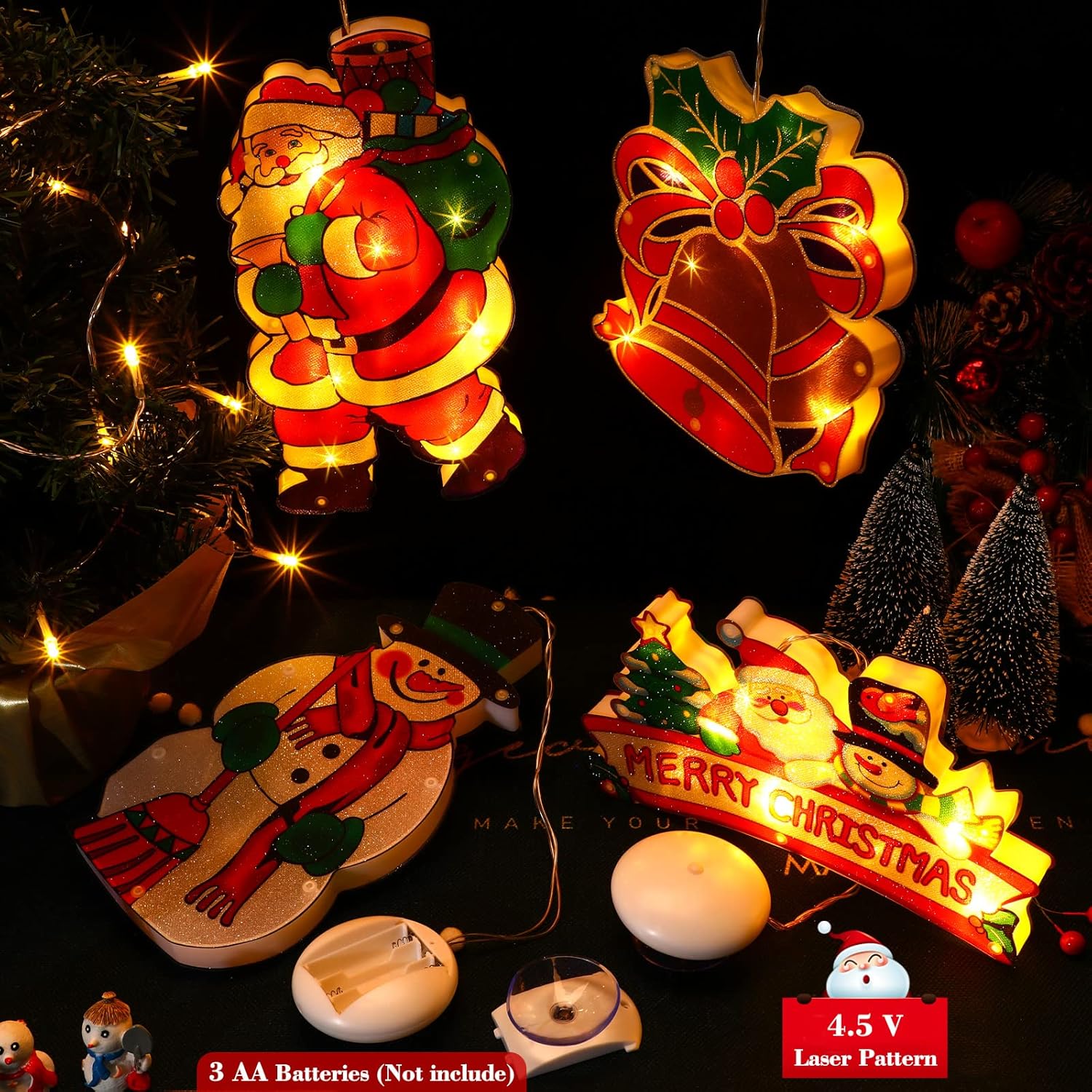 4 Pieces Christmas Window Decorations - Light up Christmas Decorations with Suction Cup for Holiday Outdoor Indoor Decor
