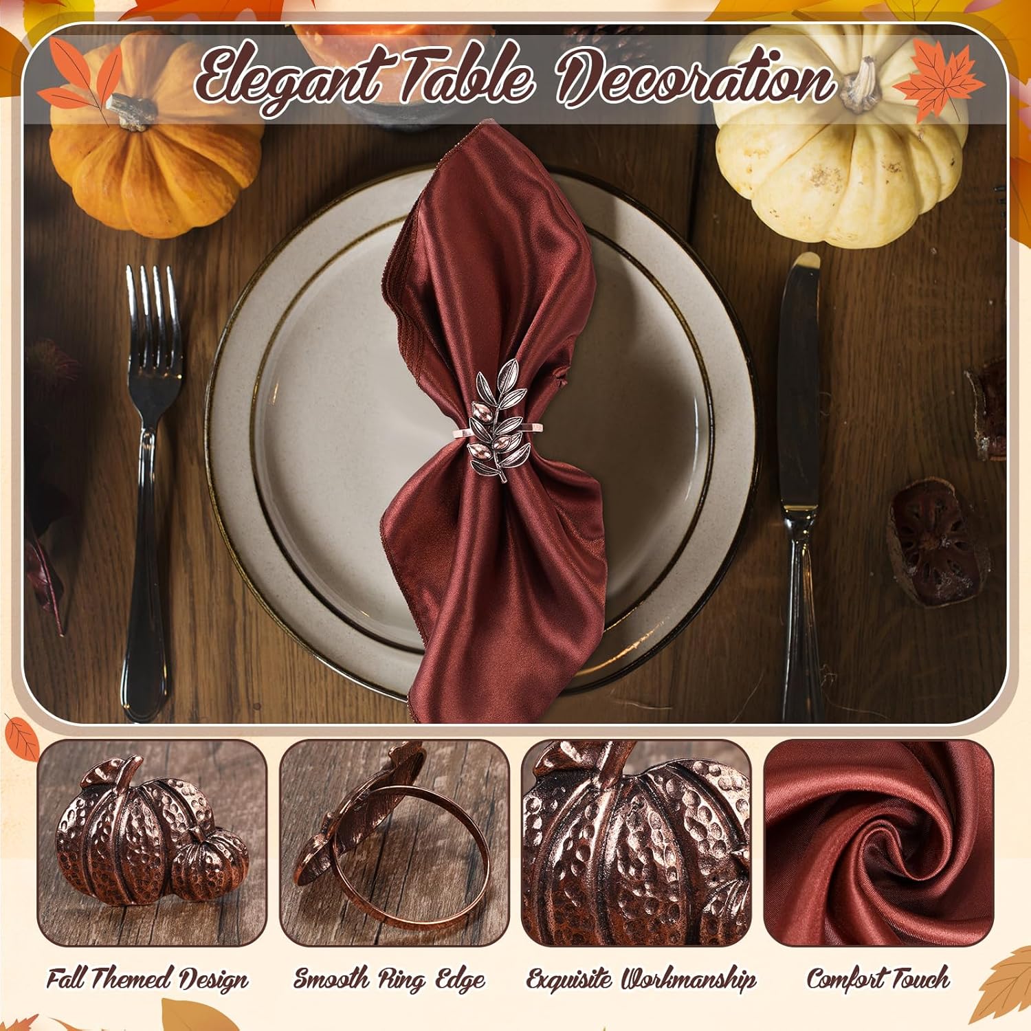 8 Sets Fall Thanksgiving Cloth Napkins and Napkin Ring Holders Reusable 8 Pcs Napkin Ring Holders with 8 Pcs Cloth Napkins for Party Table Decoration (Thanksgiving Fruits Style)