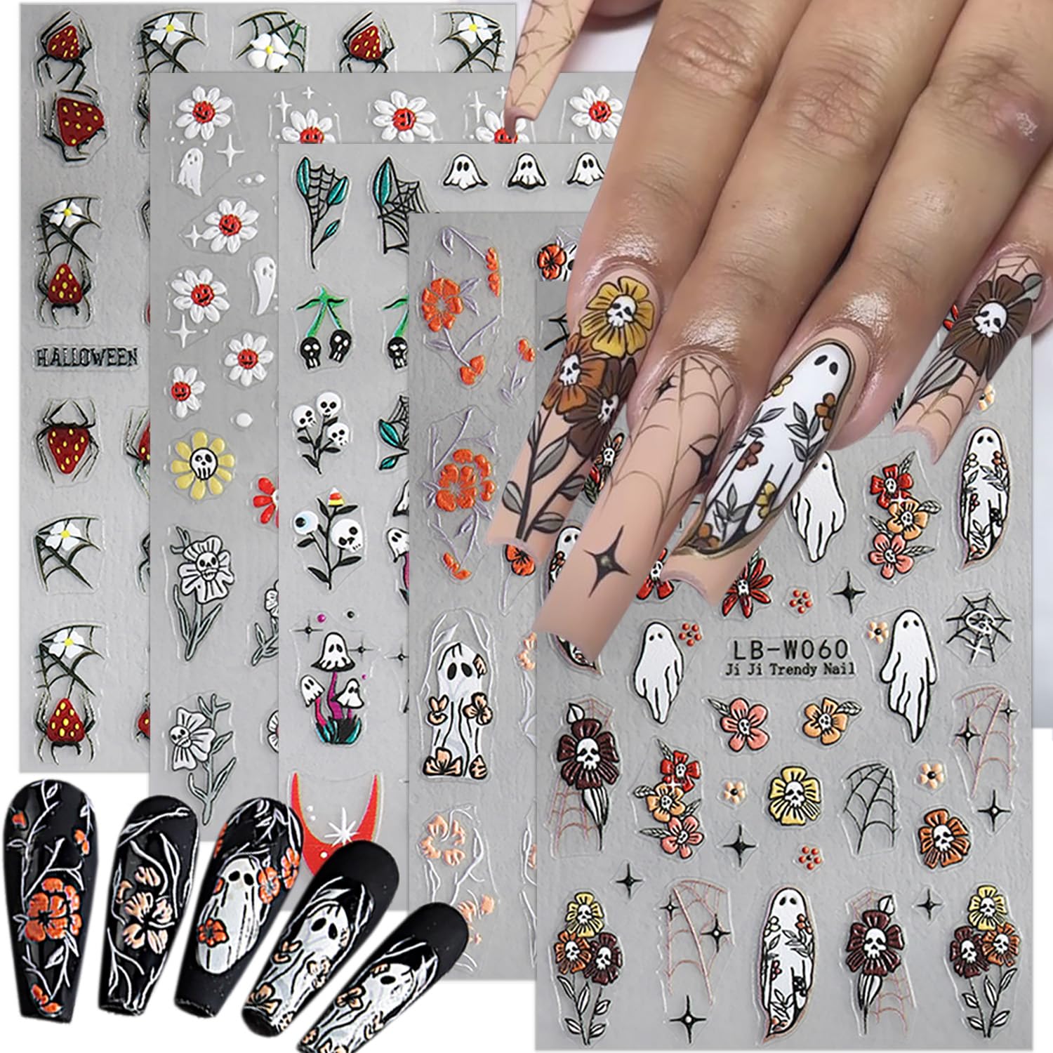 Halloween Nagelsticker – 5 Blätter, Selbstklebend, Mit Spinnen & Netzen