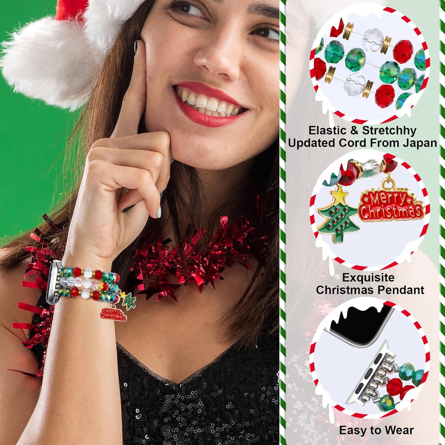 Christmas Crystal Beaded Bracelet Engraved Silicone Band Bundle Compatible with Apple Watch 38mm 40mm 41mm 42mm 44mm 45mm 46mm 49mm for Women for iWatch Series 10/9/8/7/6/5/4/3/2/1/SE/Ultra