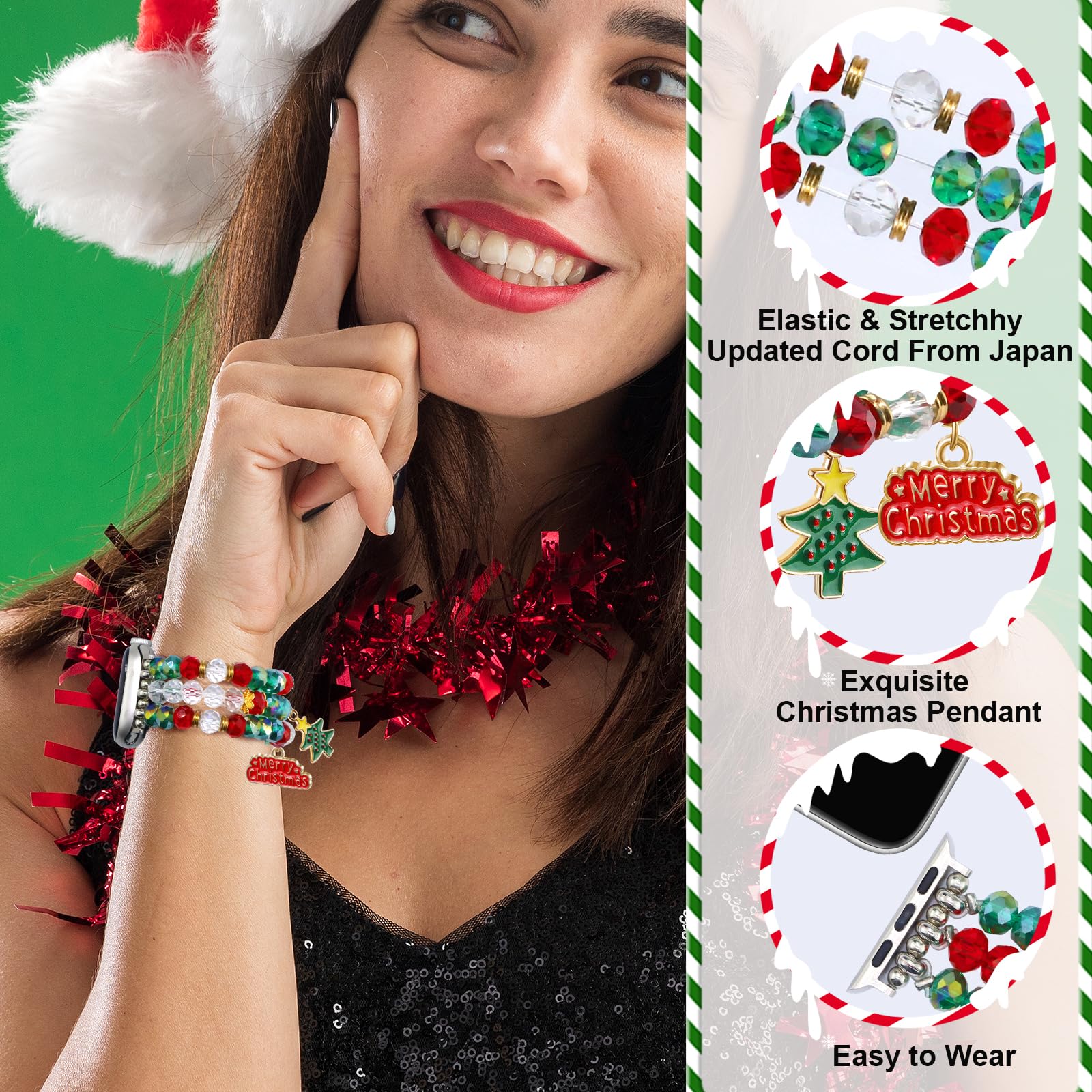 Newlibery Bracelet à perles compatible avec Apple Watch Series 9 8 7 6 5 4 3 2 1 SE, bracelet élastique tendance fait à la main pour iWatch 38 mm, 40 mm, 41 mm, 42 mm, 44 mm, 45 mm, 49 mm