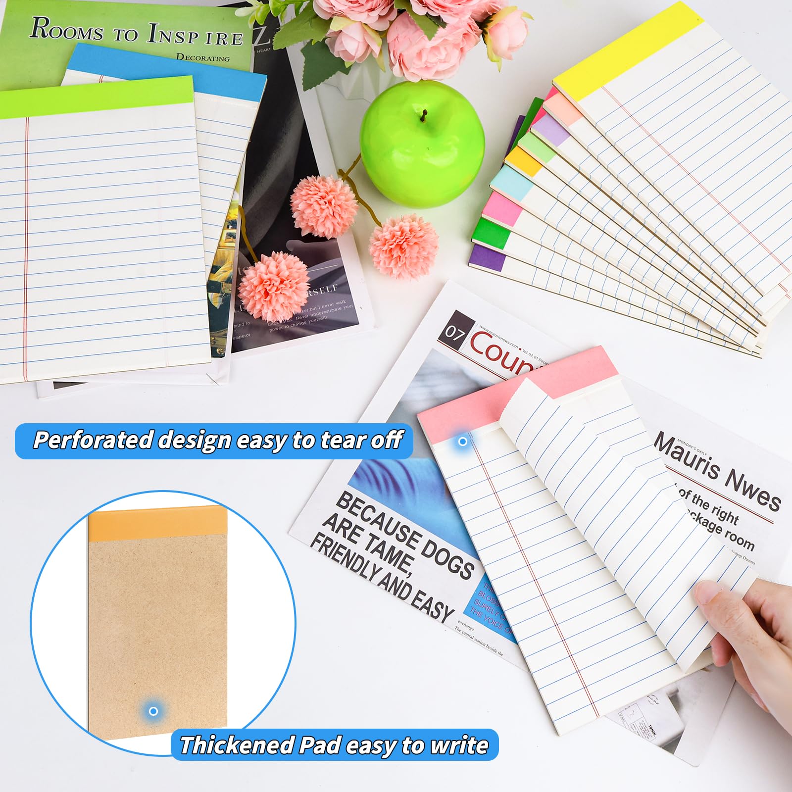 Confezione da 36 blocchi legali, blocco note arcobaleno da 12,7 x 20,3 cm, blocco note perforato a righe per lavoro, studio, lista di appunti quotidiani, fogli a righe, ricariche per appunti, per
