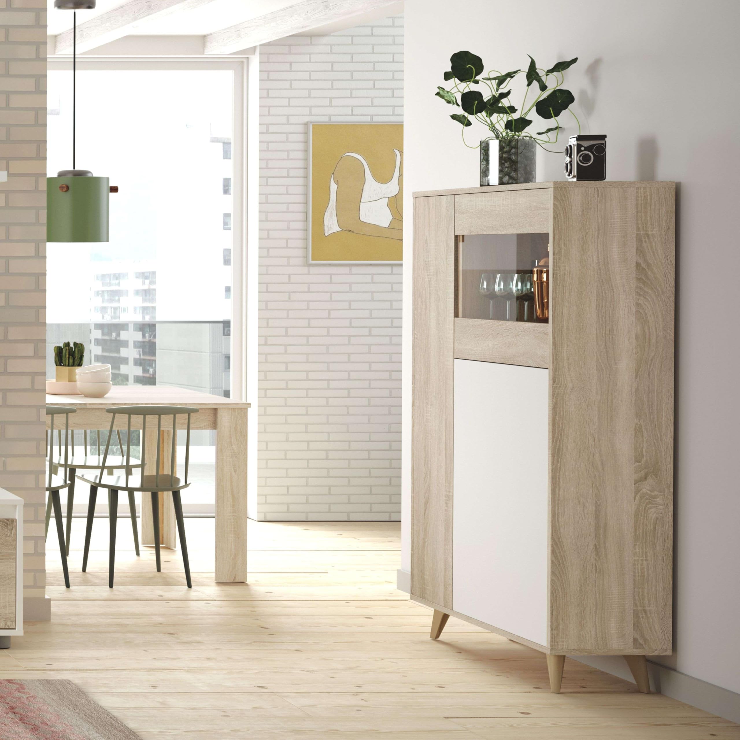 Habitdesign Vitrina con 3 Puertas, Bueffet para salón, Modelo Kikua Plus, Acabado en Blanco Artik y Roble Canadian, Medidas: 77 cm (Ancho) x 142 cm (Alto) x 33 cm (Fondo)