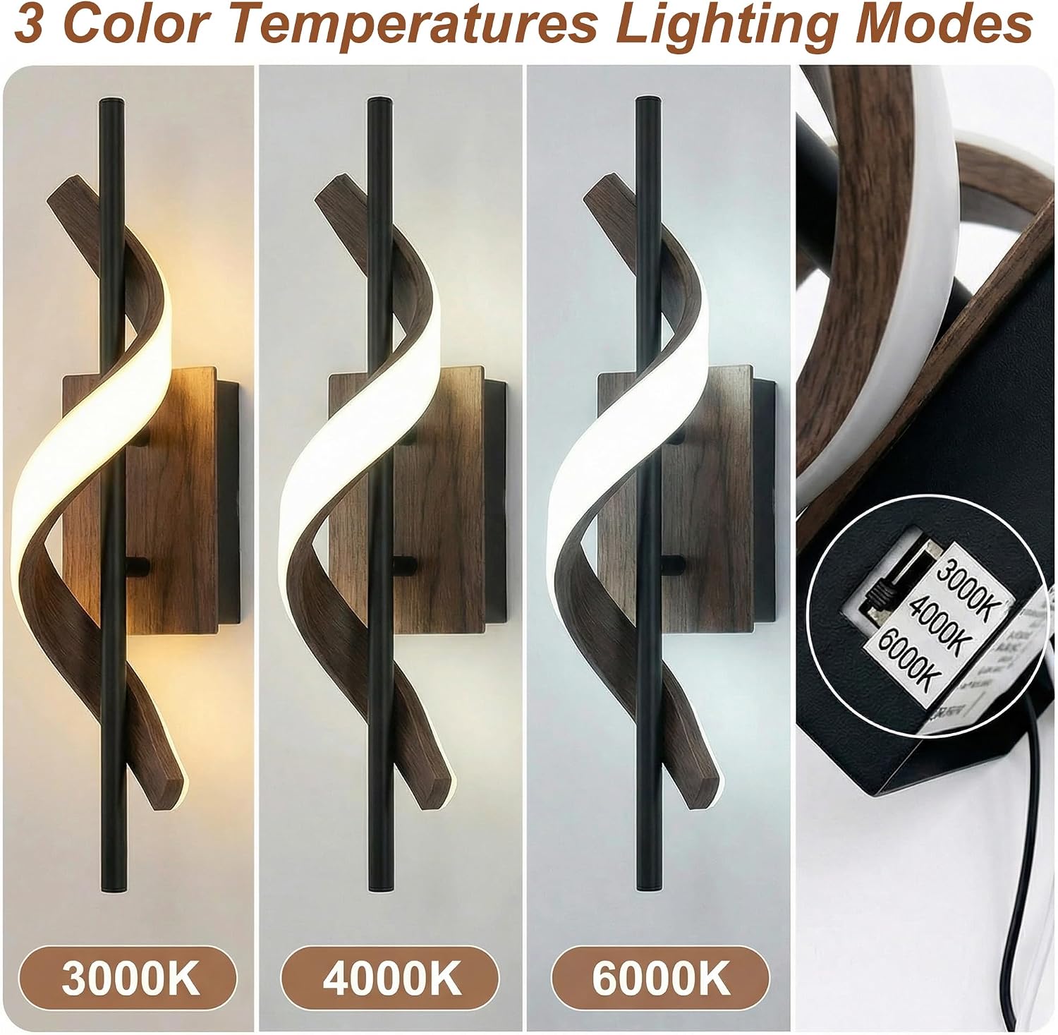 Maxax 18" LED Vanity Light Dark Wood Wall Sconce, Dimmable Bathroom Light Fixtures Over Mirror, Wave Design Black Metal, 3 Color Temp 3000K-6000K, 11.5W Hardwired