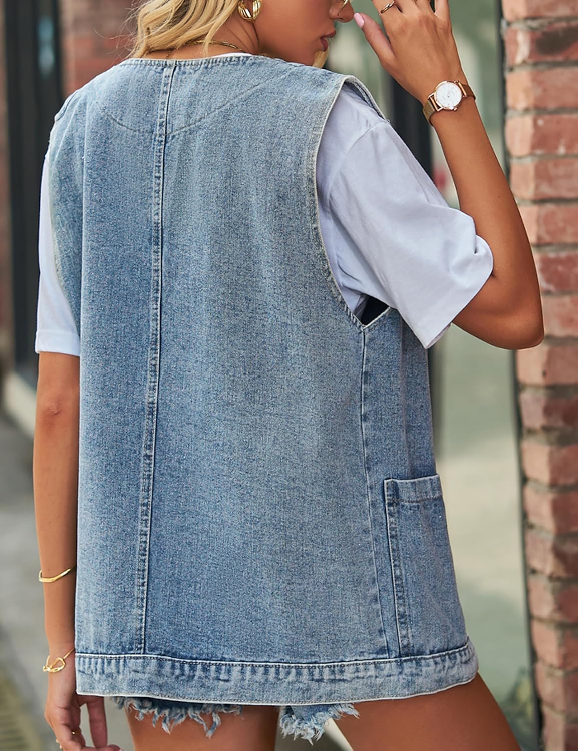 Denim Jean Vest for Women Oversized Lightweight Collarless Sleeveless Button Down Denim Waistcoat Jacket - Image 5