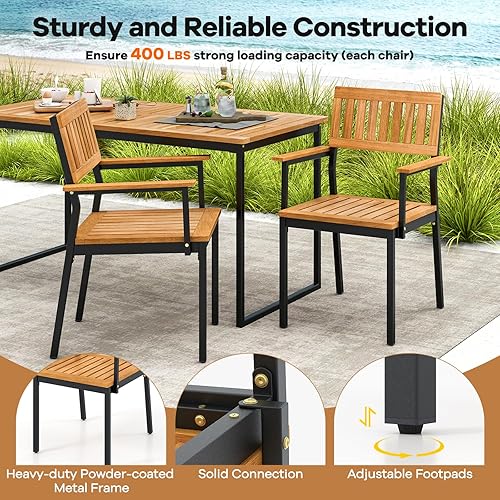 Miniatura 7 de Tangkula Juego de comedor al aire libre de 7 piezas para 6, mesa de comedor rectangular de madera de acacia y 6 sillones con marco de metal, agujero