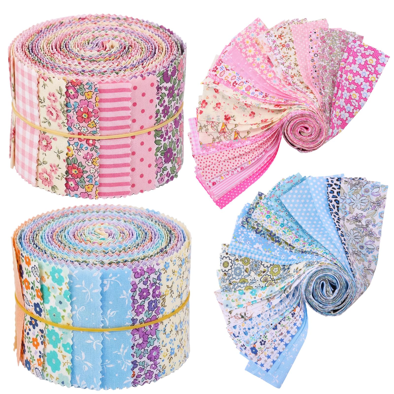 80Pcs Floral Cotton Fabric Strips Precut Quilting Fabric Bundles 50x6.5cm DIY Sewing Craft Patchwork Cloth(Blue Pink)
