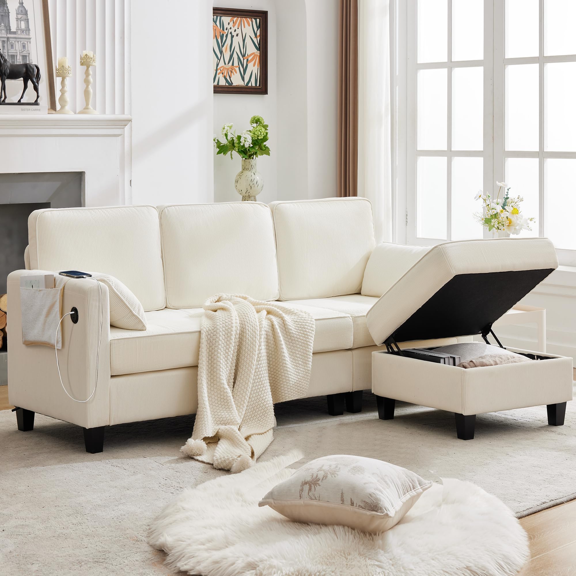 GIODIR Small Sectional Couches with Storage, 80" L Shaped Sectional Couch with Chaise and Ottoman, Modular Corduroy Sofa with USB Ports&Pockets for