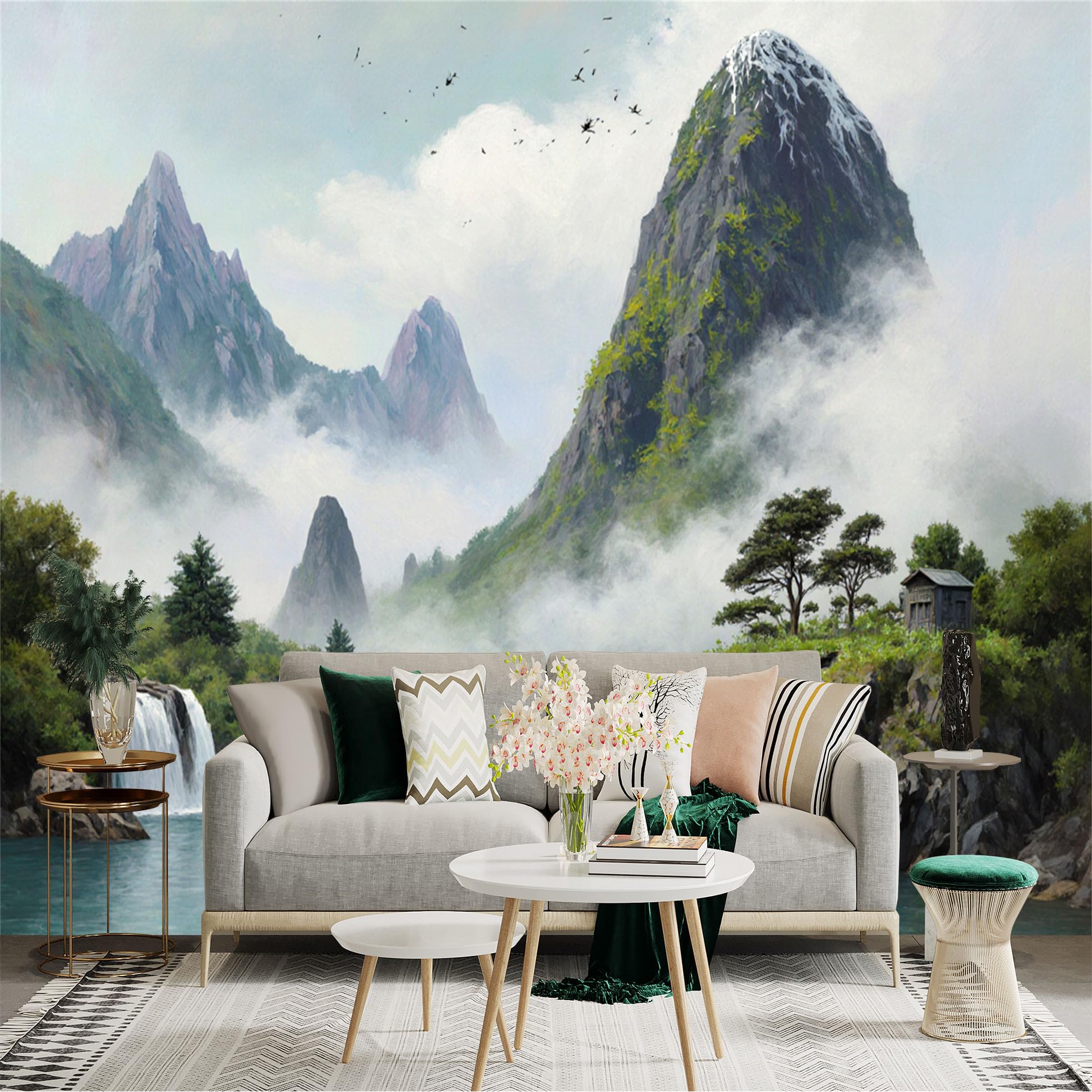 Lnzczhyre Xc260505308 Custom Size Wall Sticker Mural， Misty Mountain Peaks， Scenic Waterfall Landscape， Serene River View， Nature Art， For Wall Decoration， Peelandstick Wall Decals.