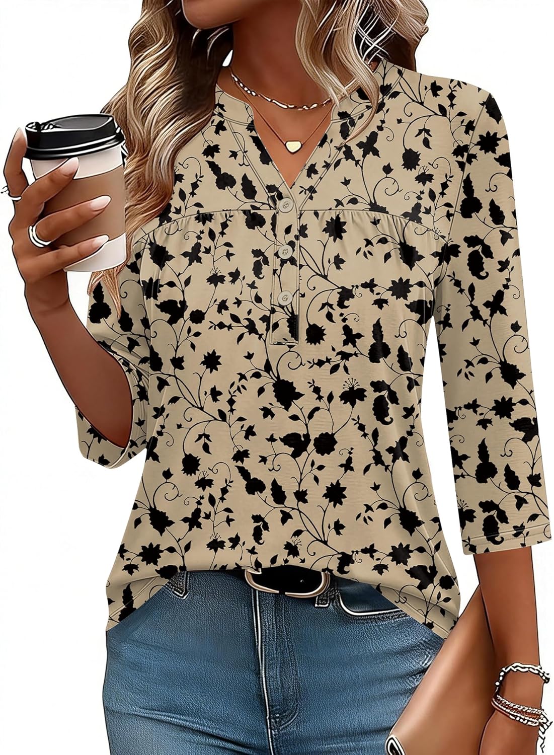 LOMON Womens Tops 3/4 Sleeve Botton Down Shirts Casual V Neck Tunic Blouses Pleated Fashion Summer Tees 2026 Trendy S-3XL - Image 2