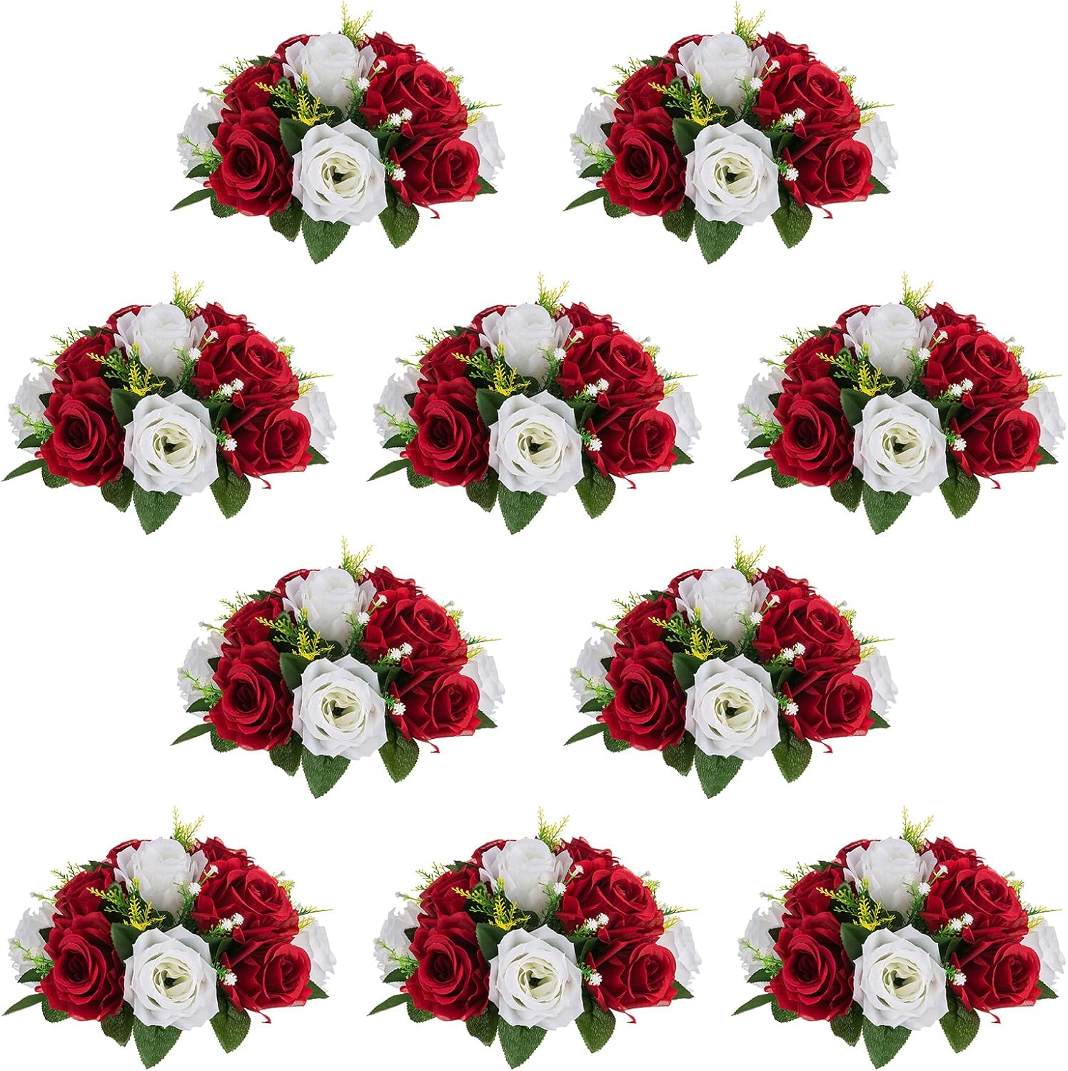 NUPTIO Artificial Flower Centrepieces for Tables - 10 Pcs Crimson & White Fake Flowers Roses Balls 9.5in Diameter - Silk Faux Rose Arrangement for Wedding Party Centerpiece Table Decorations