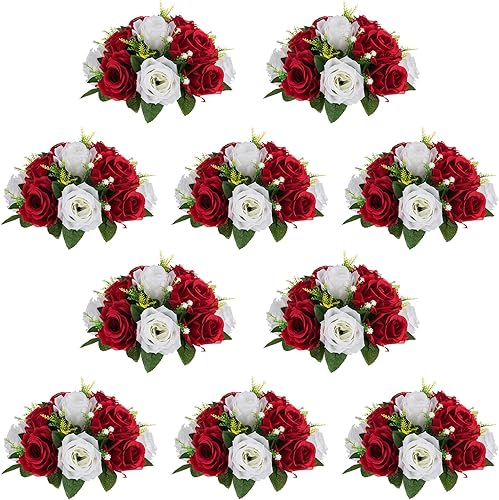 Miniatura 73 de NUPTIO Centros de mesa de flores para mesas de boda: arreglo de 6 piezas de flores artificiales rosas y blancas para bodas y fiestas - Rosas Rosa y