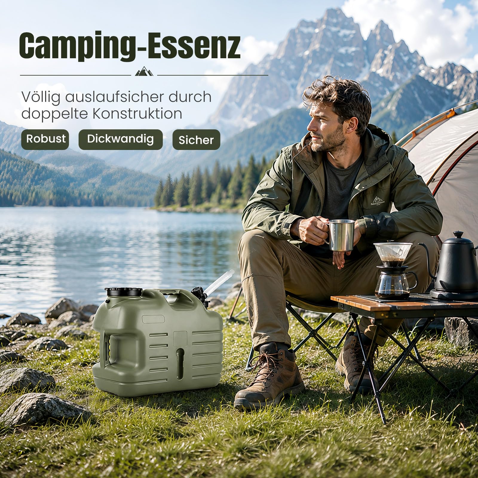 Wasserbehälter, Outdoor-Wasserkanister, auslaufsichere Wasserspeicherung, BPA-freier tragbarer Wasserbehälter mit Zapfhahn für Camping, Outdoor-Aktivitäten und Notfälle, Militärgrün (11 L)