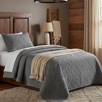 DaDa Bedding Stone Washed Grey Elegant Floral Bedspread - Matelasse Ash Silver Diamond Pattern Quilted Vintage Quilt Coverlet Set - Twin - 2-Pieces