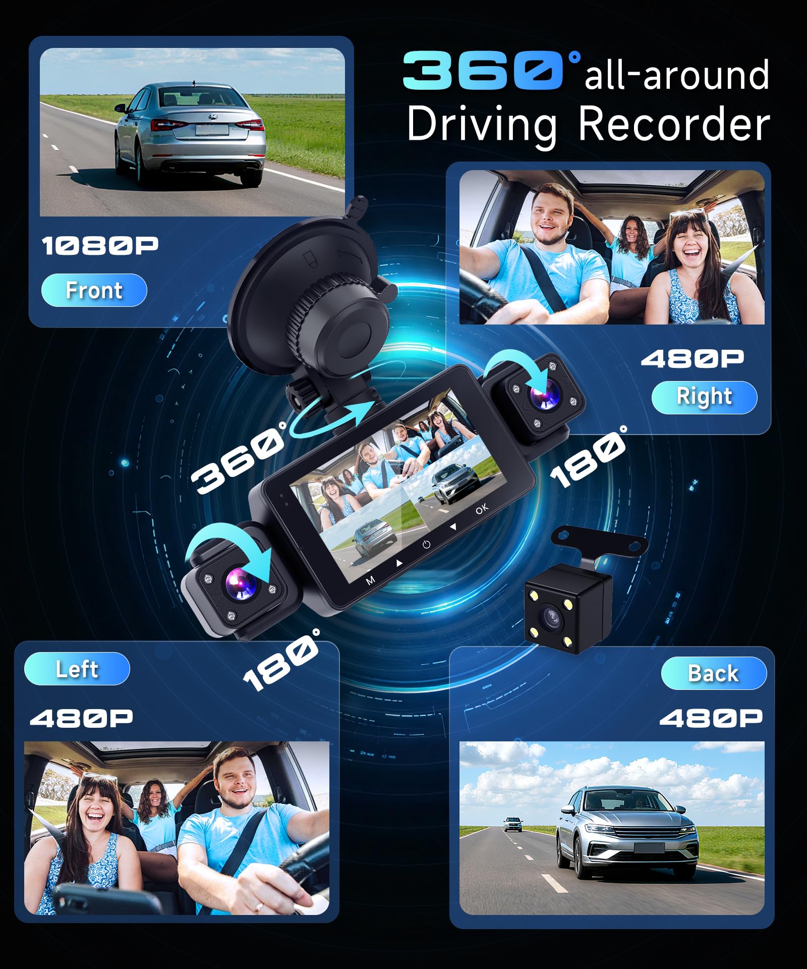 VECHTEL 2K Dashcam per auto anteriore e posteriore con WiFi, 4* Dash Cam 480P Telecamera per auto con schermo IPS da 3 pollici,visione notturna,sensore G,protezione a 360 gradi,con 64 GB