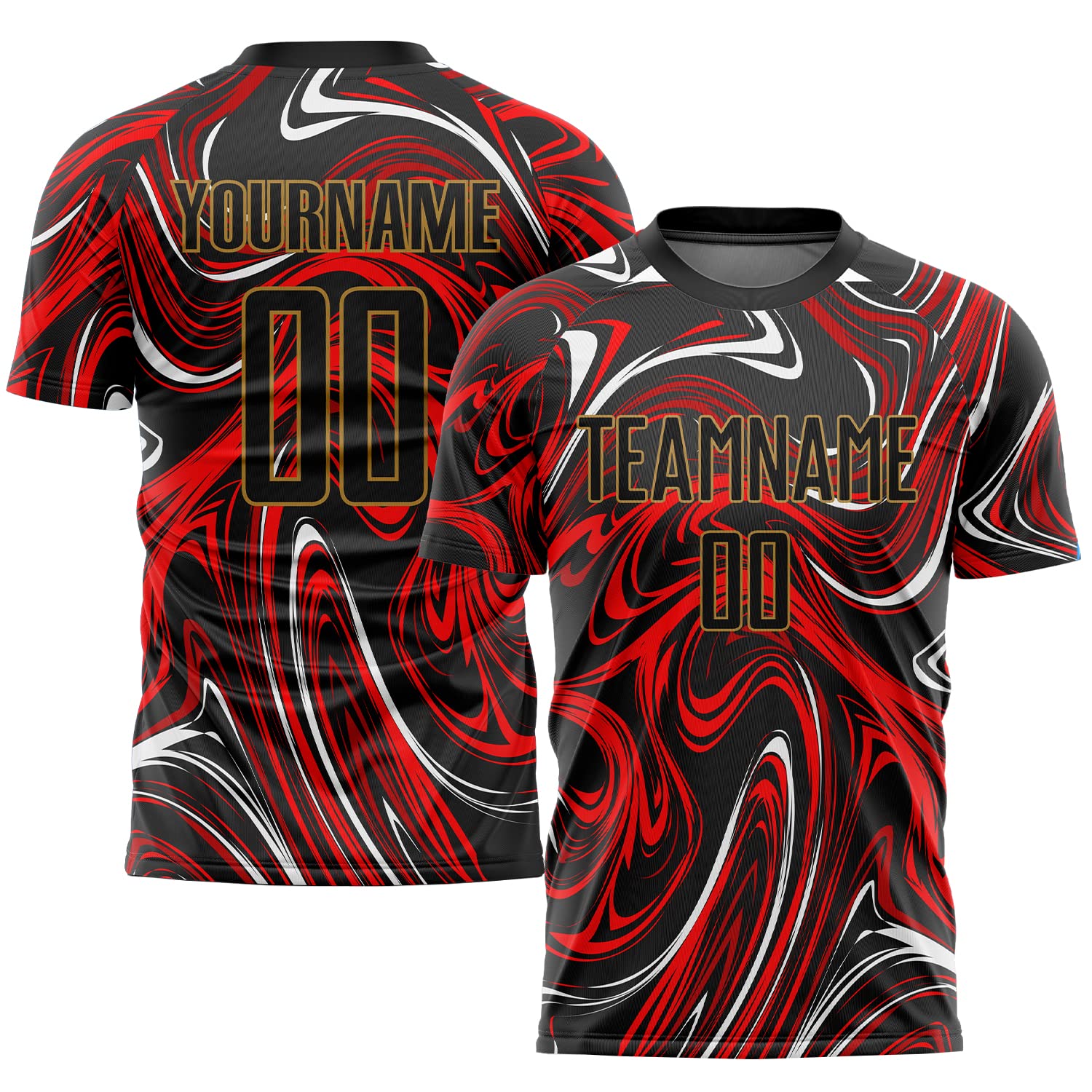 Customized Novelty Marble Texture Soccer Team Jerseys, Personalized Black White Red Soccer Clothes for Teens Boys, Girls Kids Adults, Designed T Shirt and Shorts Sets with Printed Name Number Logo