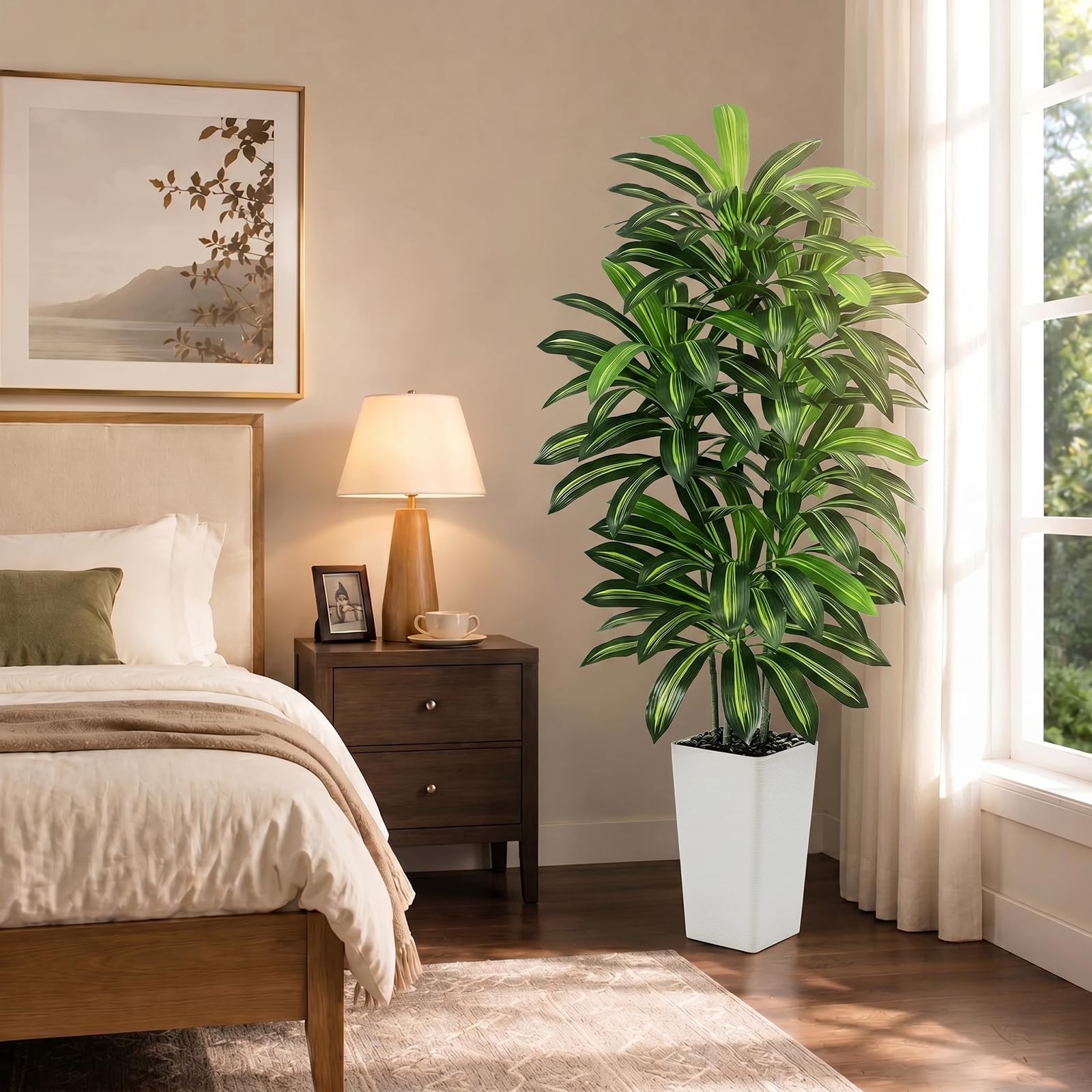 Dracaena Artificiale per Interni 150cm Albero Finto con Fioriera Bianca Alta, Pianta Finta Alta in Vaso, Pianta di Seta Artificiale per la Decorazione Della Casa, Ufficio, Soggiorno, Veranda, Patio