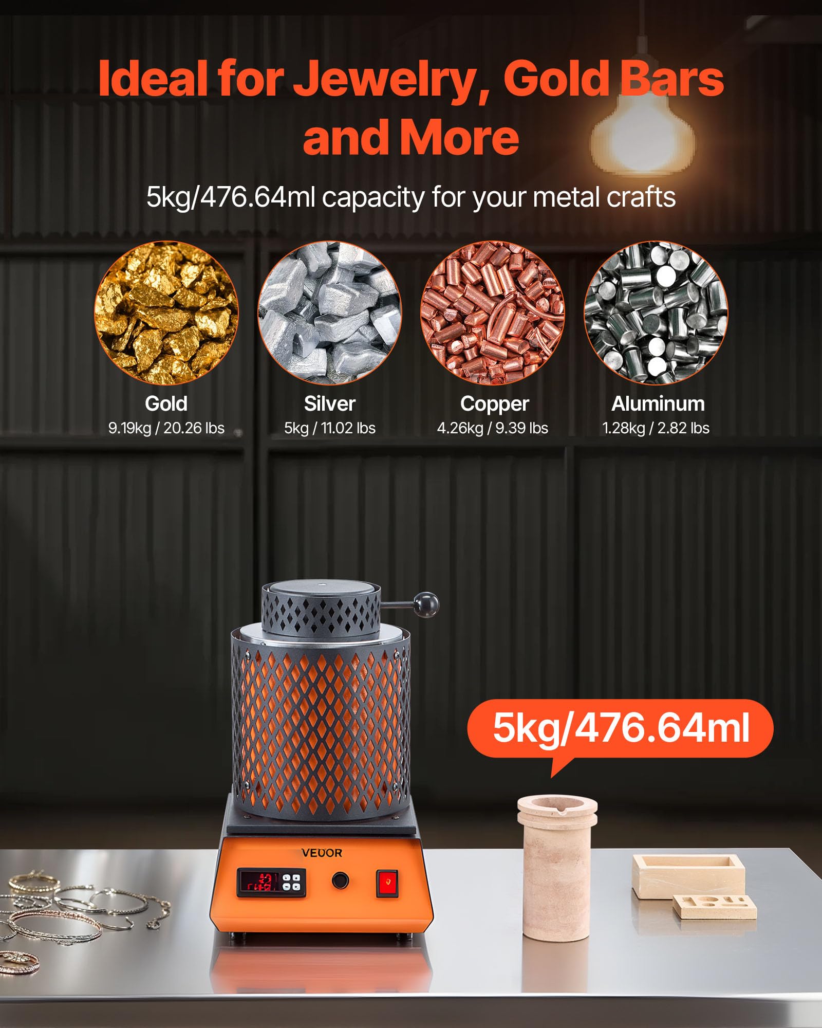 VEVOR Forno di Fusione Elettrico, 1500 W Macchina per Fusione di Metalli da 1150 ℃ con Crogiolo in Ceramica da 5 kg, Kit per Oro per la Creazione di Gioielli, Barre di Metallo, Componenti Metallici