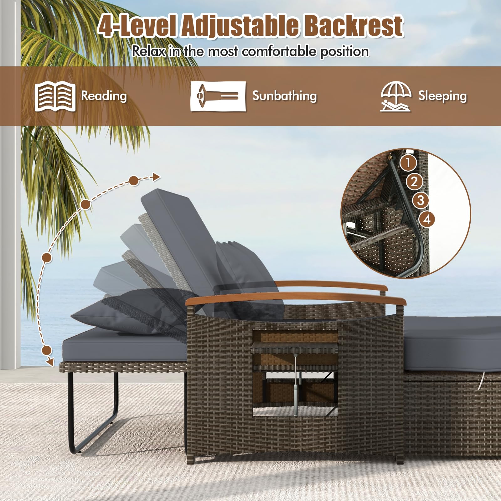 GIANTEX Divano da Giardino in Rattan a 2 Posti con Funzione Allungata, Set di Mobili in Rattan con Sgabello, Doppia Sedia a Sdraio per 2 Persone, 3 Colori (Cuscino Grigio)