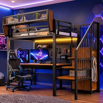 Bunk Bed with Stair Chest of Drawers and Wardrobe LED Lighting Mesh Railing High Protective Railing Sturdy Metal Frame Lying Surface Black 90 x 200 cm Inner Dimensions
