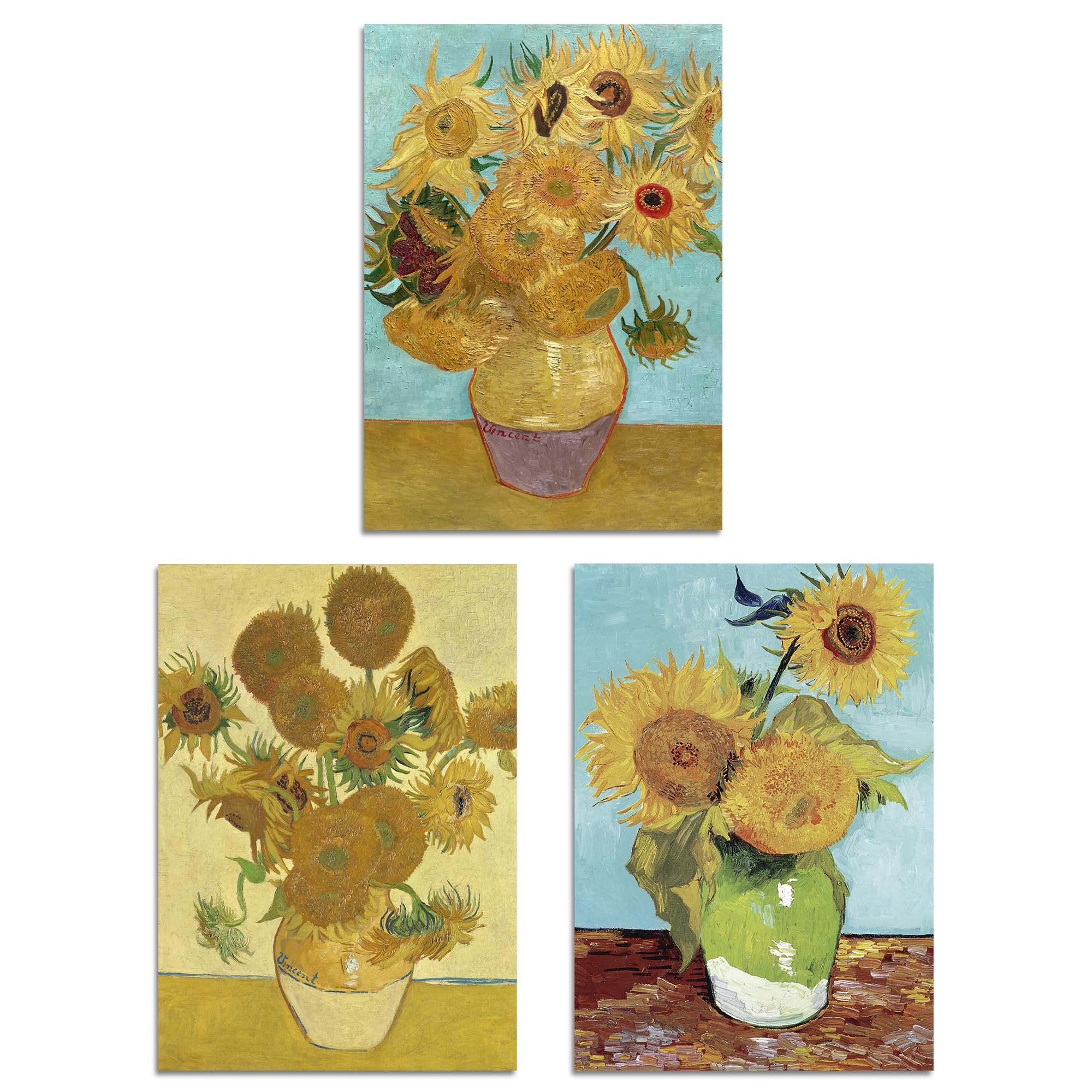 Artery8 Yellow Set Of 3 Van Gogh Sunflowers Orange Classic Wall Art Prints A3 Size Living Room Decor