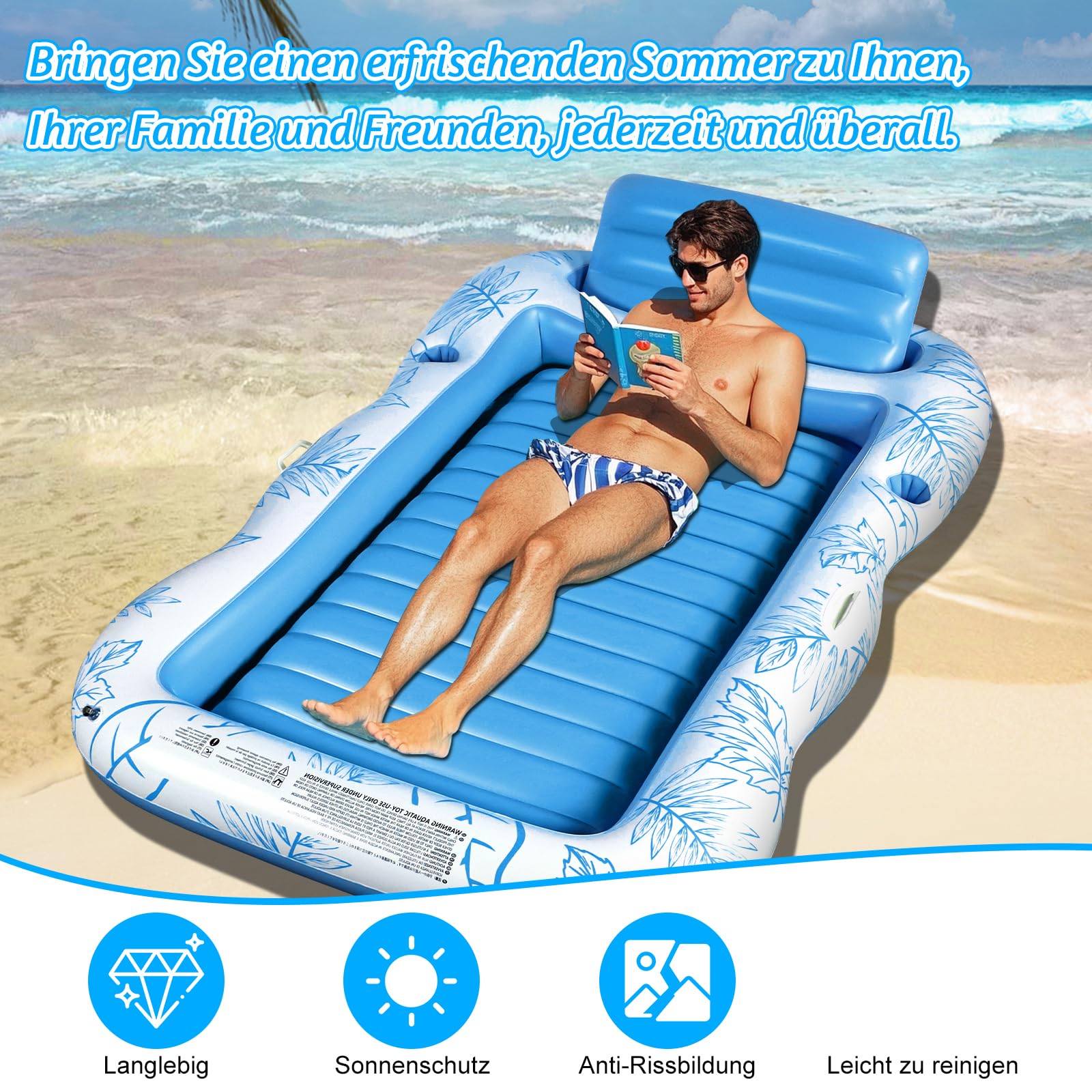 Charmofun Aufblasbarer Tanning Pool, Luftmatratze Pool Hängematte mit Tassenhalter, Pool Lounge aufblasbare Liege, Aufblasbare Sonnenpool Wasserhängematte für Erwachsene und Kinder (Blau)