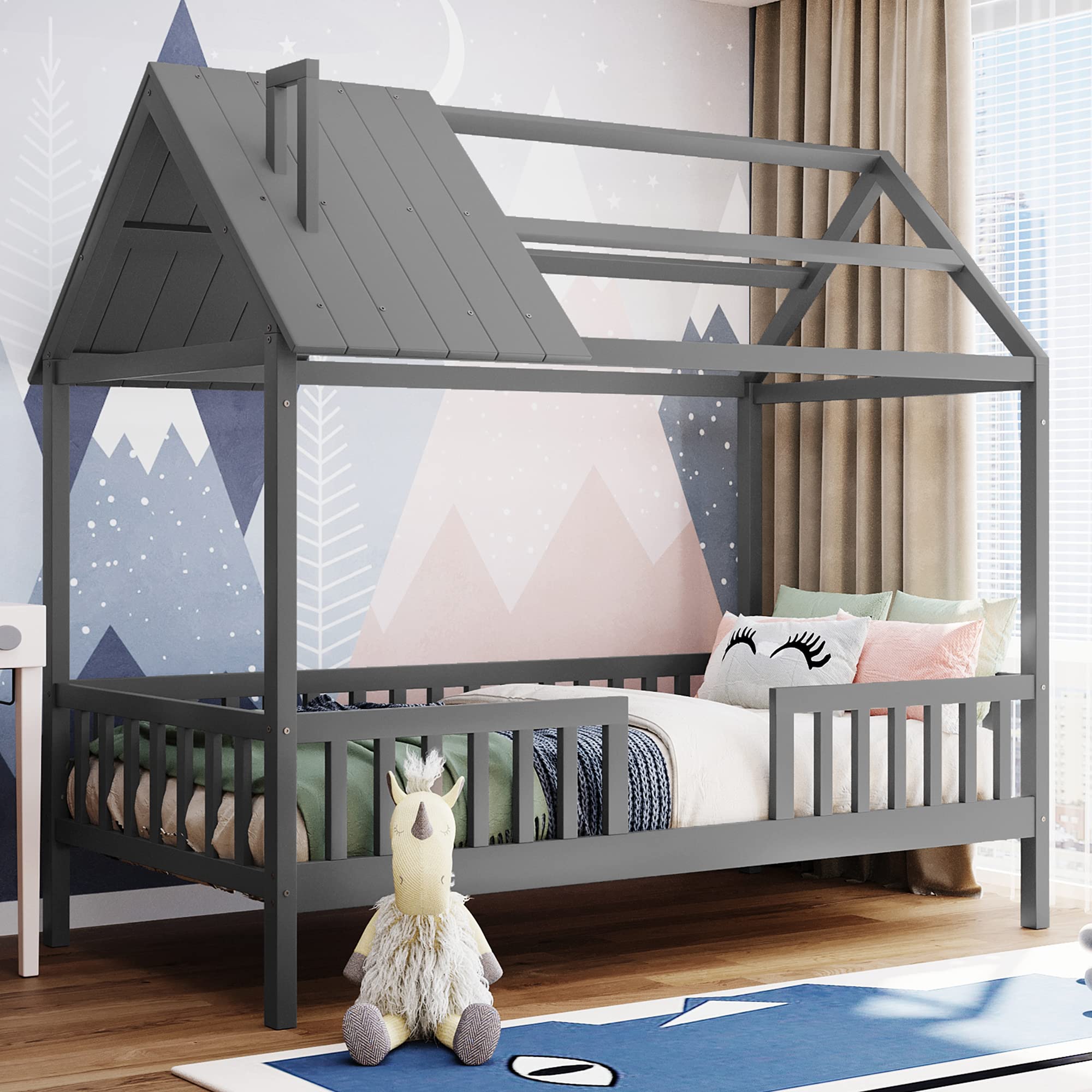P PURLOVE Twin Wood Bed, House Bed Frame with Fence-Shaped Guardrails for Teens Girls Boys, Easy Assembly, No Box Spring Required, Gray