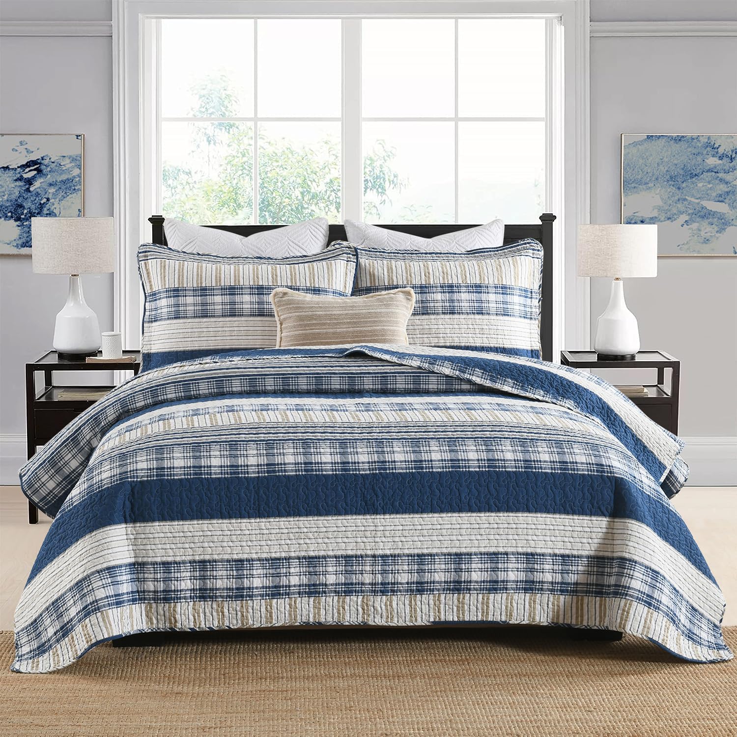 Homzard California King Size Comforter Set,100% Cotton Oversized Plaid Striped California Quilt Set, Blue White Tan Bedding Sets (118 * 106 Inch) with 2 Pillow Shams, Farmhouse Reversible Bedspread