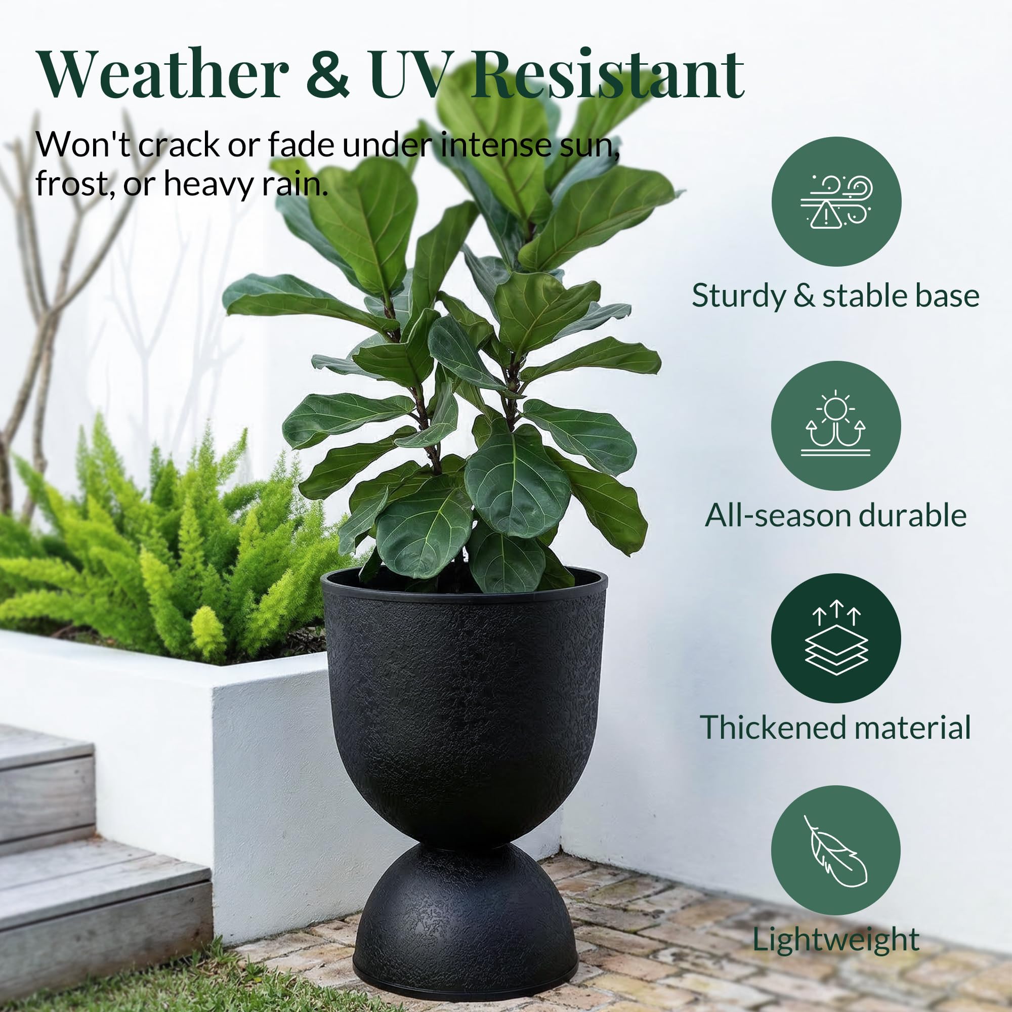 KOL Macetas para flores, macetas de plástico para plantas de interior y exterior, macetas de pedestal negro, 2 unidades, macetas decorativas de 18 pulgadas de alto con agujeros de drenaje y tapones