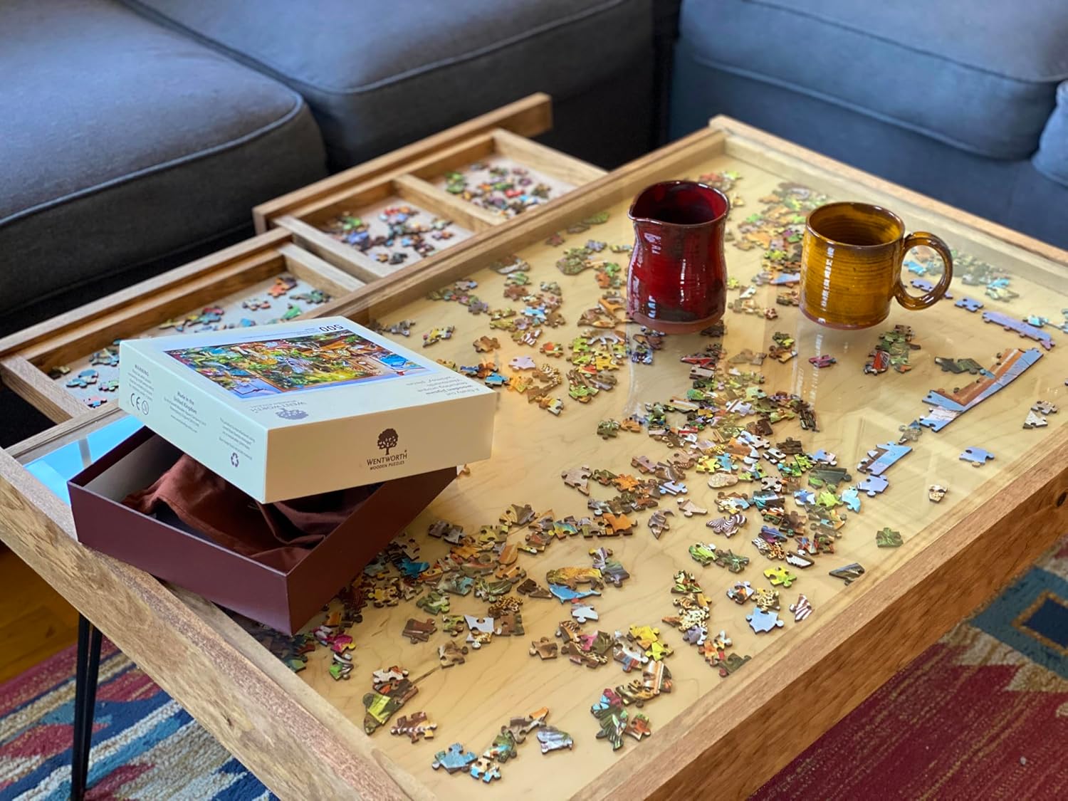 Rustic Puzzle Coffee Table with Removable Glass top - Includes 2 Hidden Drawers - 24x36. 100% Made in The USA