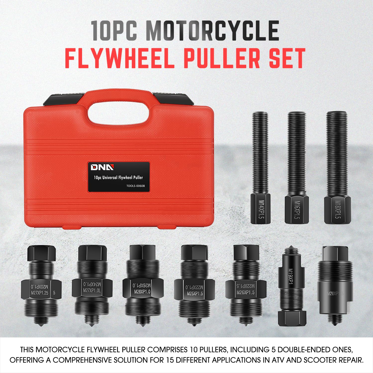 DNA Motoring Juego de 10 extractores de Volante Universal para Motocicleta, Compatible con Yamaha, Honda, Suzuki, Kawasaki, Ducati, Rojo, TOOLS-00608
