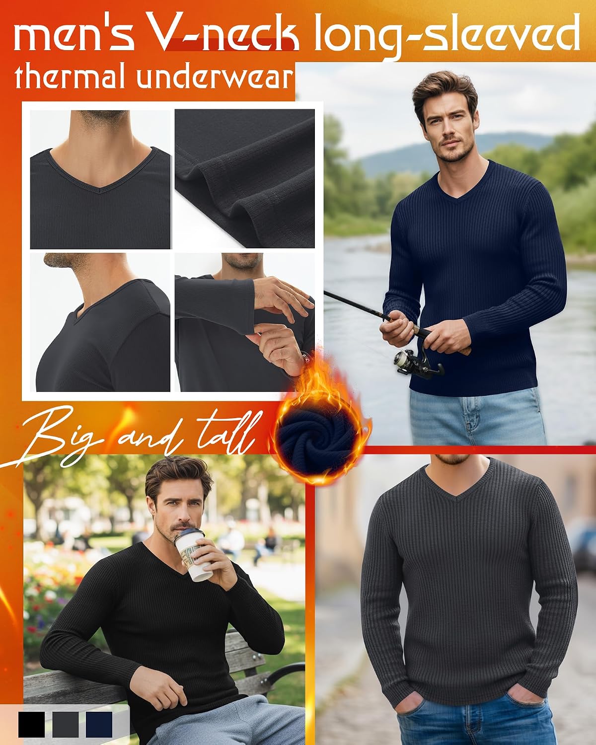 3 Pack Men's Big and Tall Thermal Shirts Cotton Fleece Lined Long Sleeve Ribbed V Neck Sweater Casual Layer